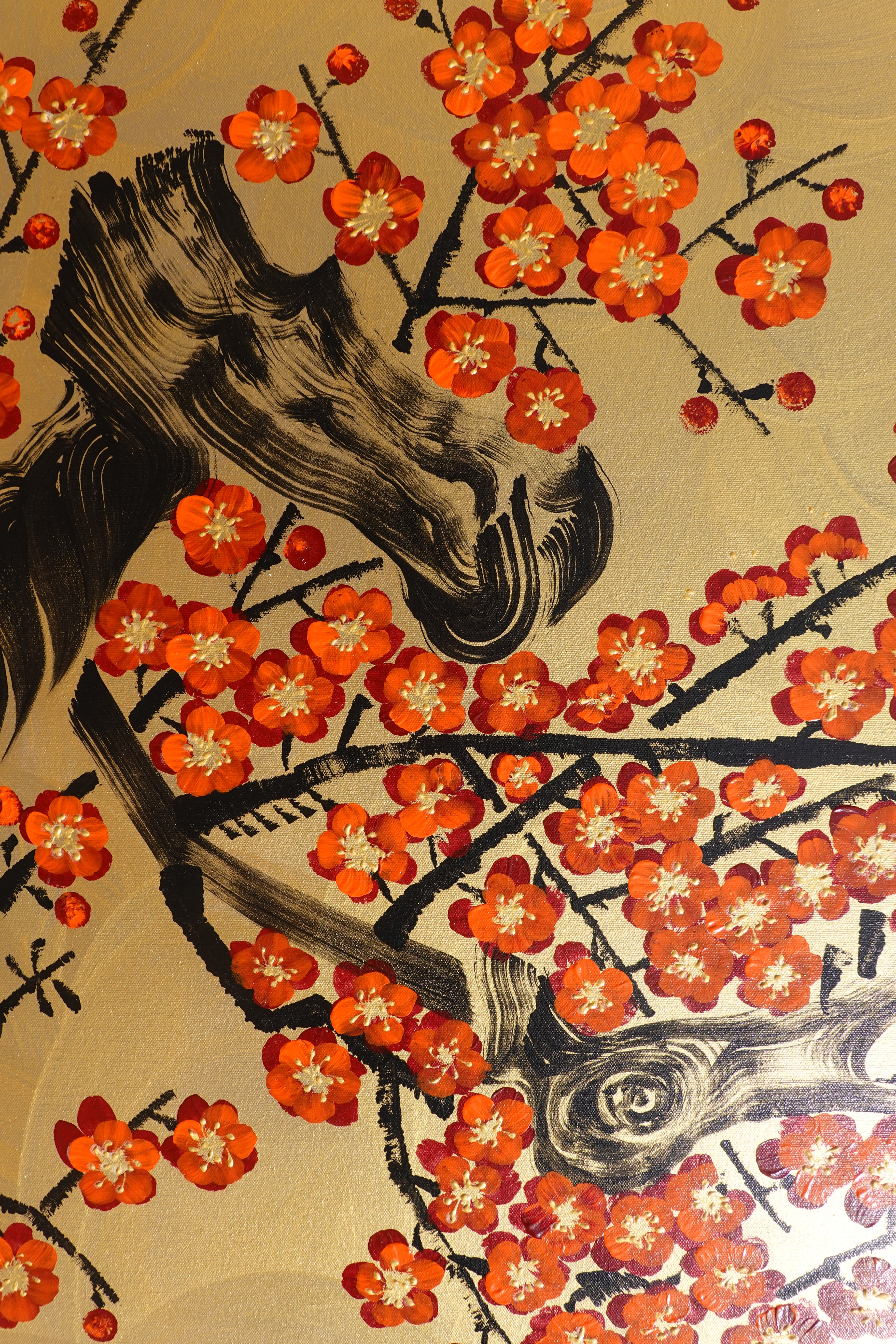 Love Birds and orange Sakura J467 is a large-scale Japanese-inspired gold horizontal Original Acrylic Painting on unstretched canvas by artist Ksavera.