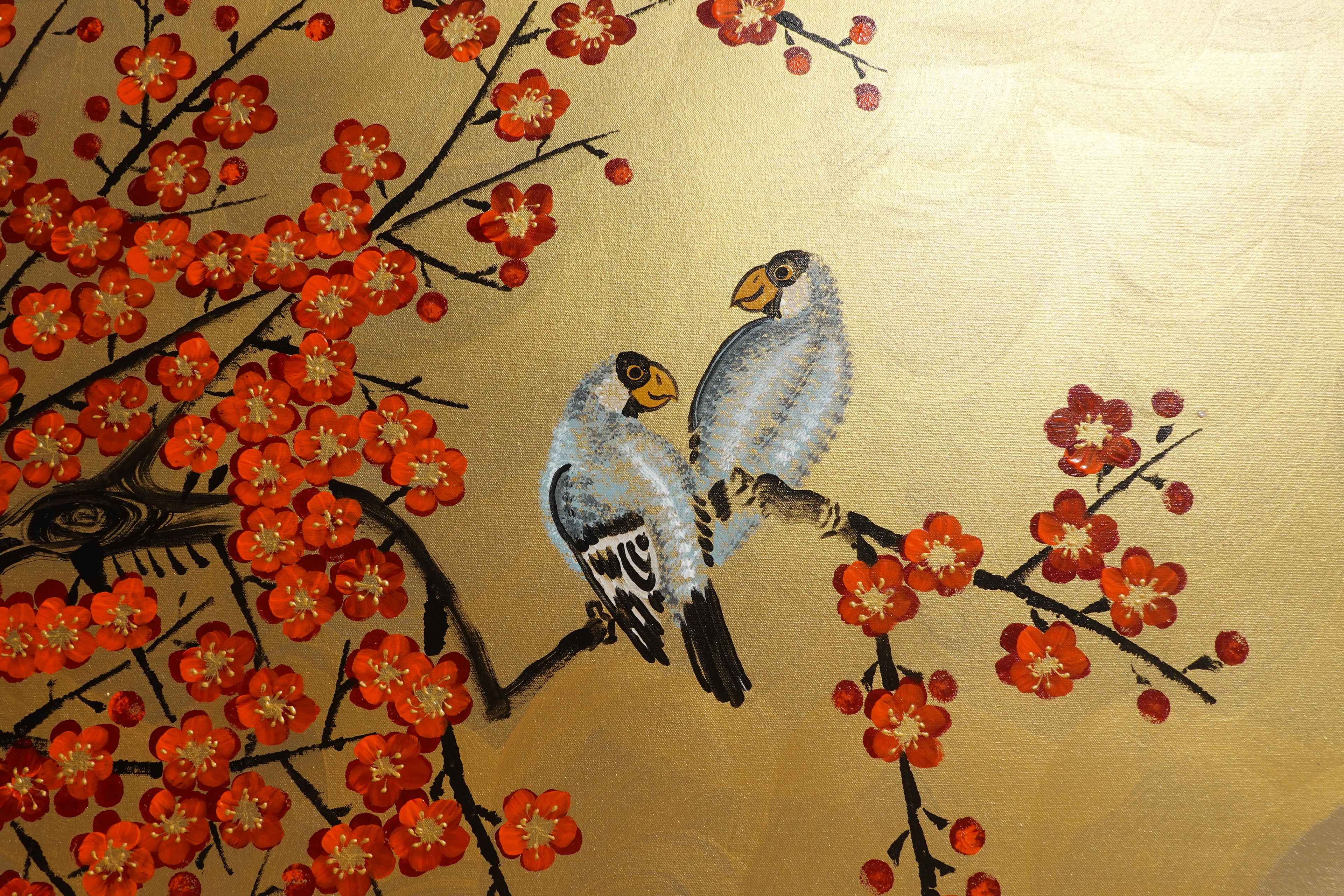 Love Birds and orange Sakura J467 is a large-scale Japanese-inspired gold horizontal Original Acrylic Painting on unstretched canvas by artist Ksavera.