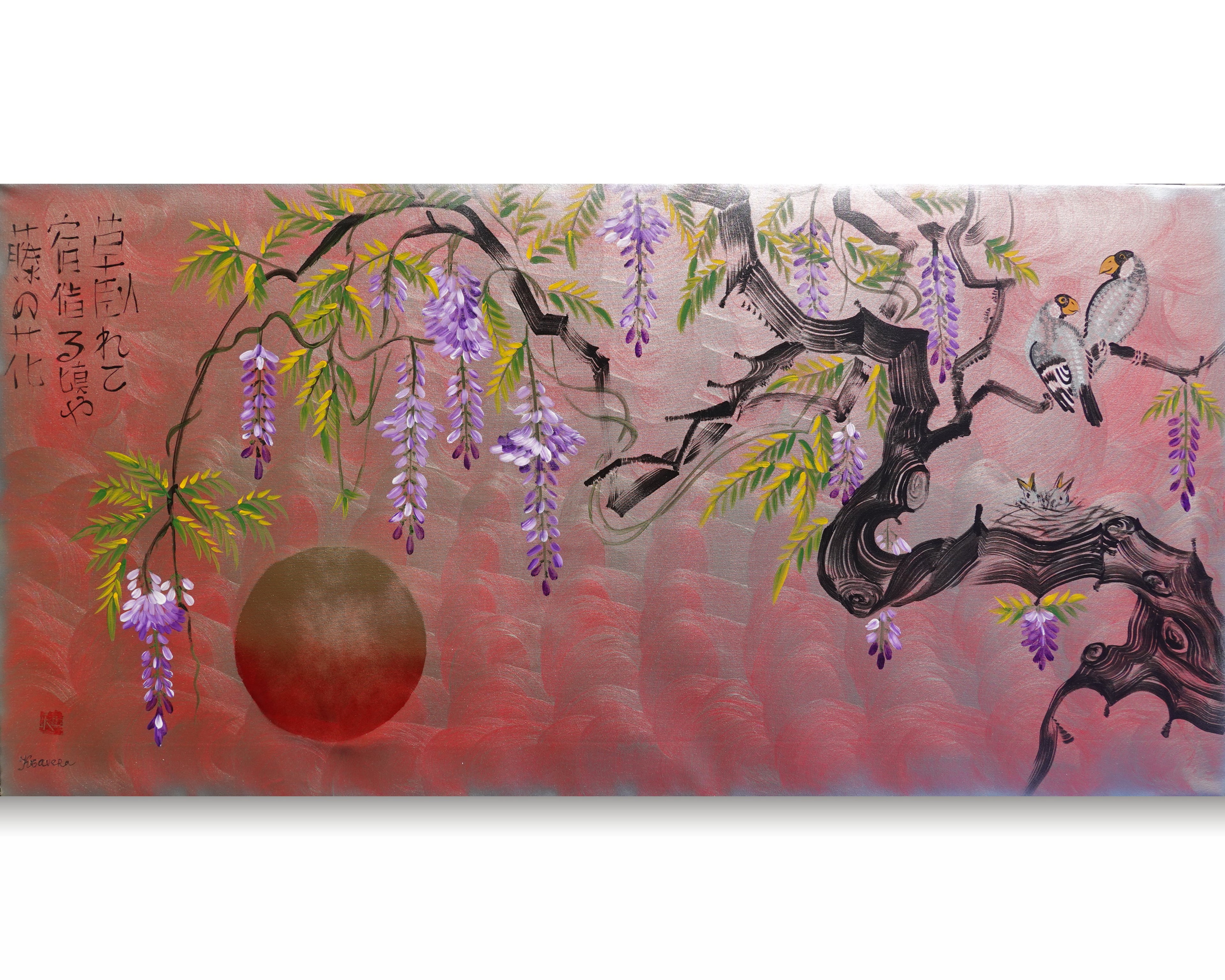 Love Birds family and wisteria J469 is a large-scale Japanese-inspired silver pink painting
Original Acrylic Painting on unstretched canvas by artist Ksavera.