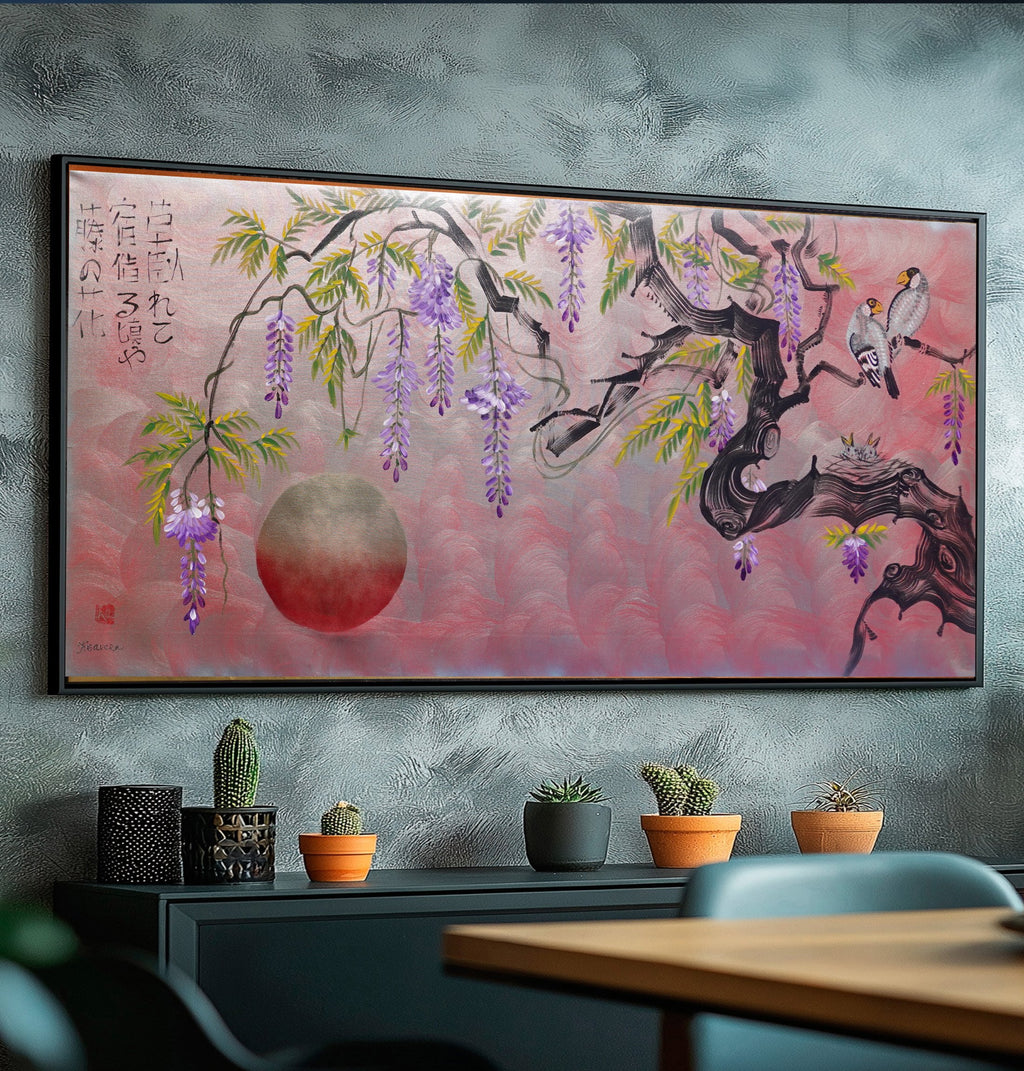 Love Birds family and wisteria J469 is a large-scale Japanese-inspired silver pink painting
Original Acrylic Painting on unstretched canvas by artist Ksavera.