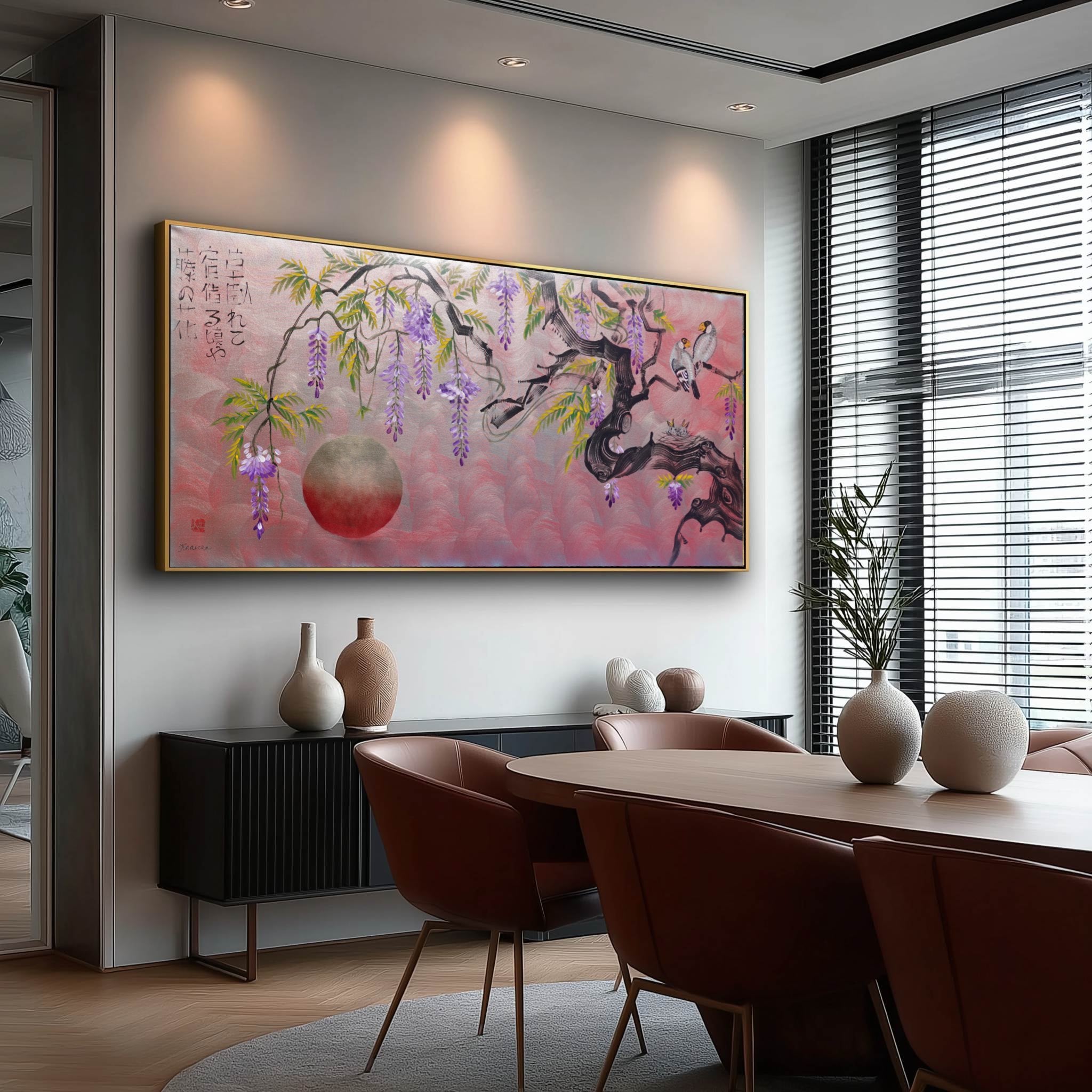 Love Birds family and wisteria J469 is a large-scale Japanese-inspired silver pink painting
Original Acrylic Painting on unstretched canvas by artist Ksavera.