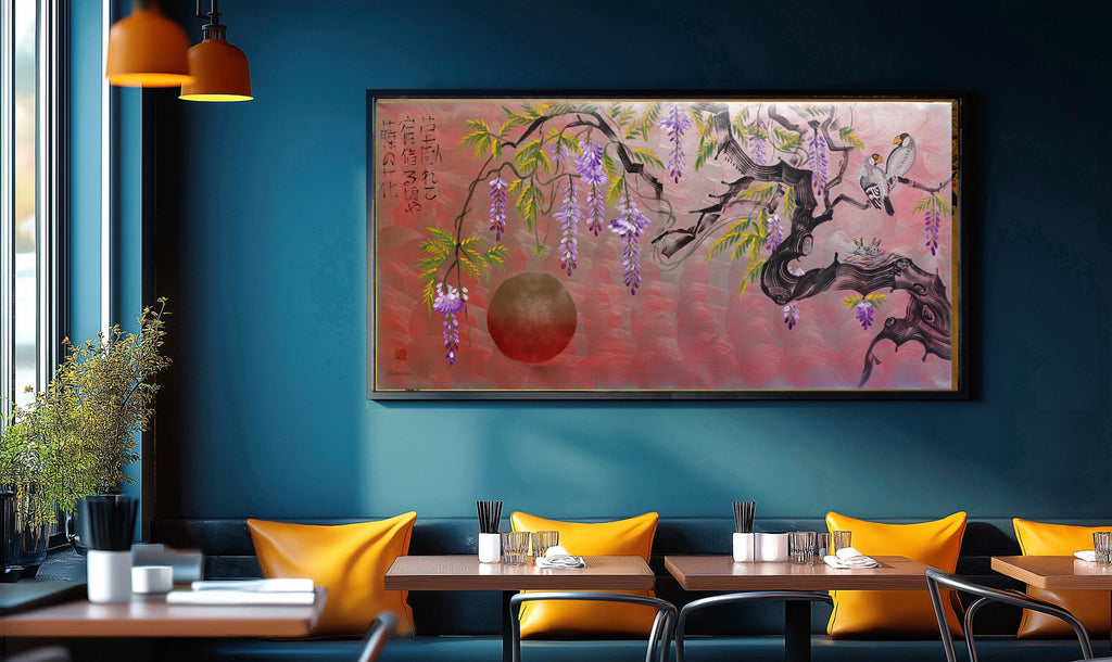 Love Birds family and wisteria J469 is a large-scale Japanese-inspired silver pink painting
Original Acrylic Painting on unstretched canvas by artist Ksavera.
