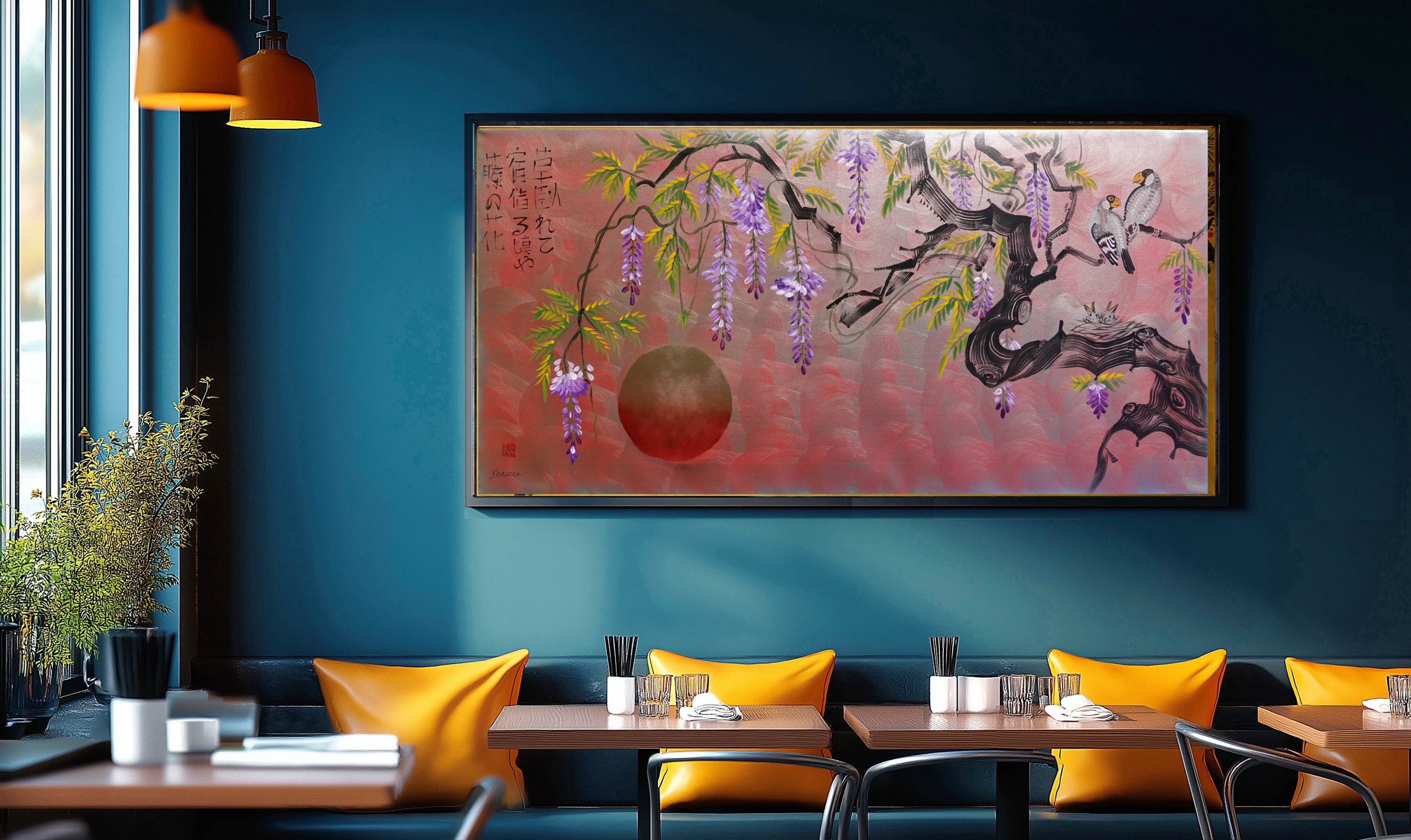 Love Birds family and wisteria J469 is a large-scale Japanese-inspired silver pink painting
Original Acrylic Painting on unstretched canvas by artist Ksavera.