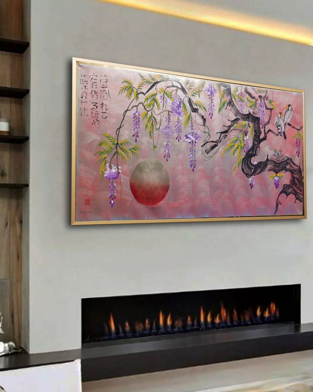 Love Birds family and wisteria J469 is a large-scale Japanese-inspired silver pink painting
Original Acrylic Painting on unstretched canvas by artist Ksavera.