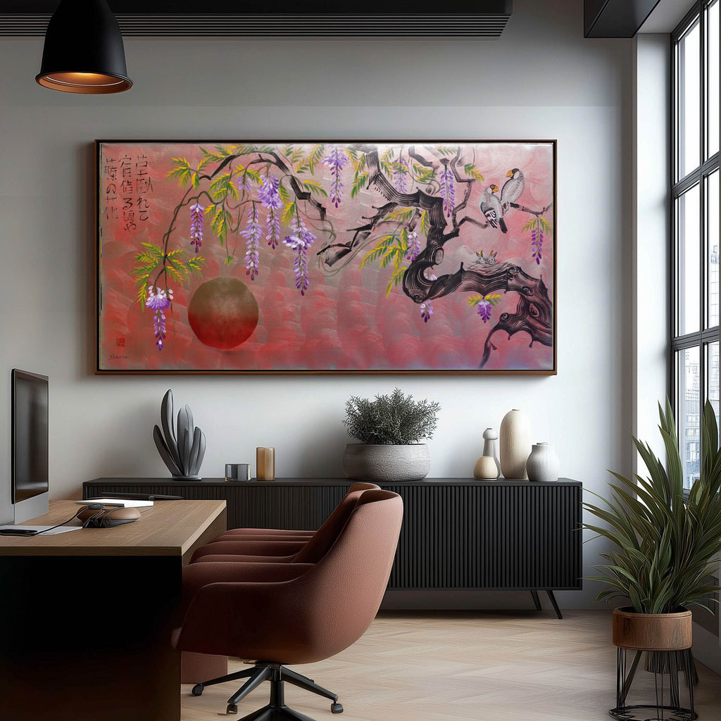 Love Birds family and wisteria J469 is a large-scale Japanese-inspired silver pink painting
Original Acrylic Painting on unstretched canvas by artist Ksavera.