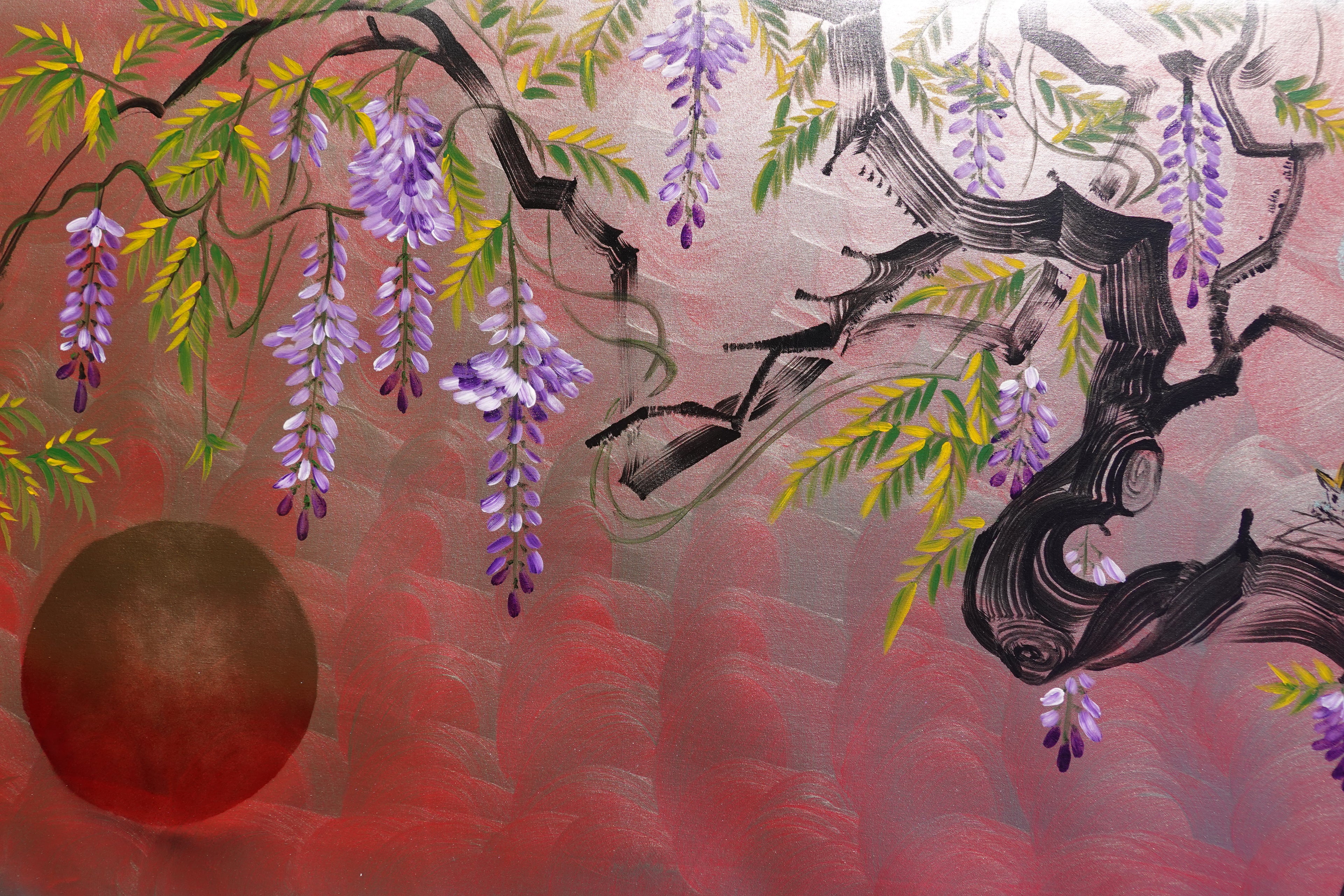 Love Birds family and wisteria J469 is a large-scale Japanese-inspired silver pink painting
Original Acrylic Painting on unstretched canvas by artist Ksavera.