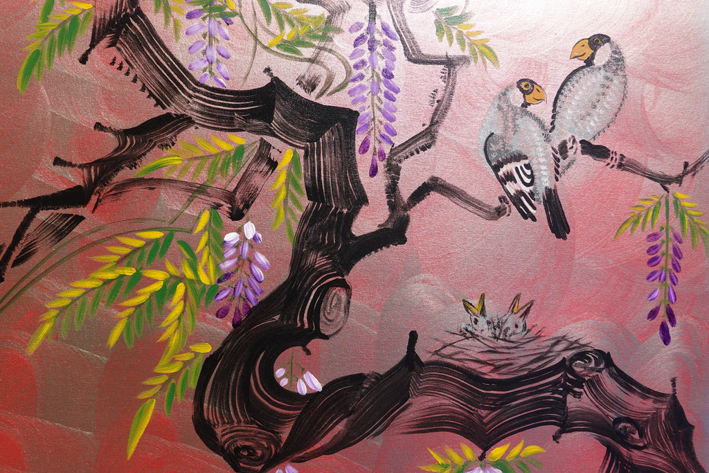 Love Birds family and wisteria J469 is a large-scale Japanese-inspired silver pink painting
Original Acrylic Painting on unstretched canvas by artist Ksavera.