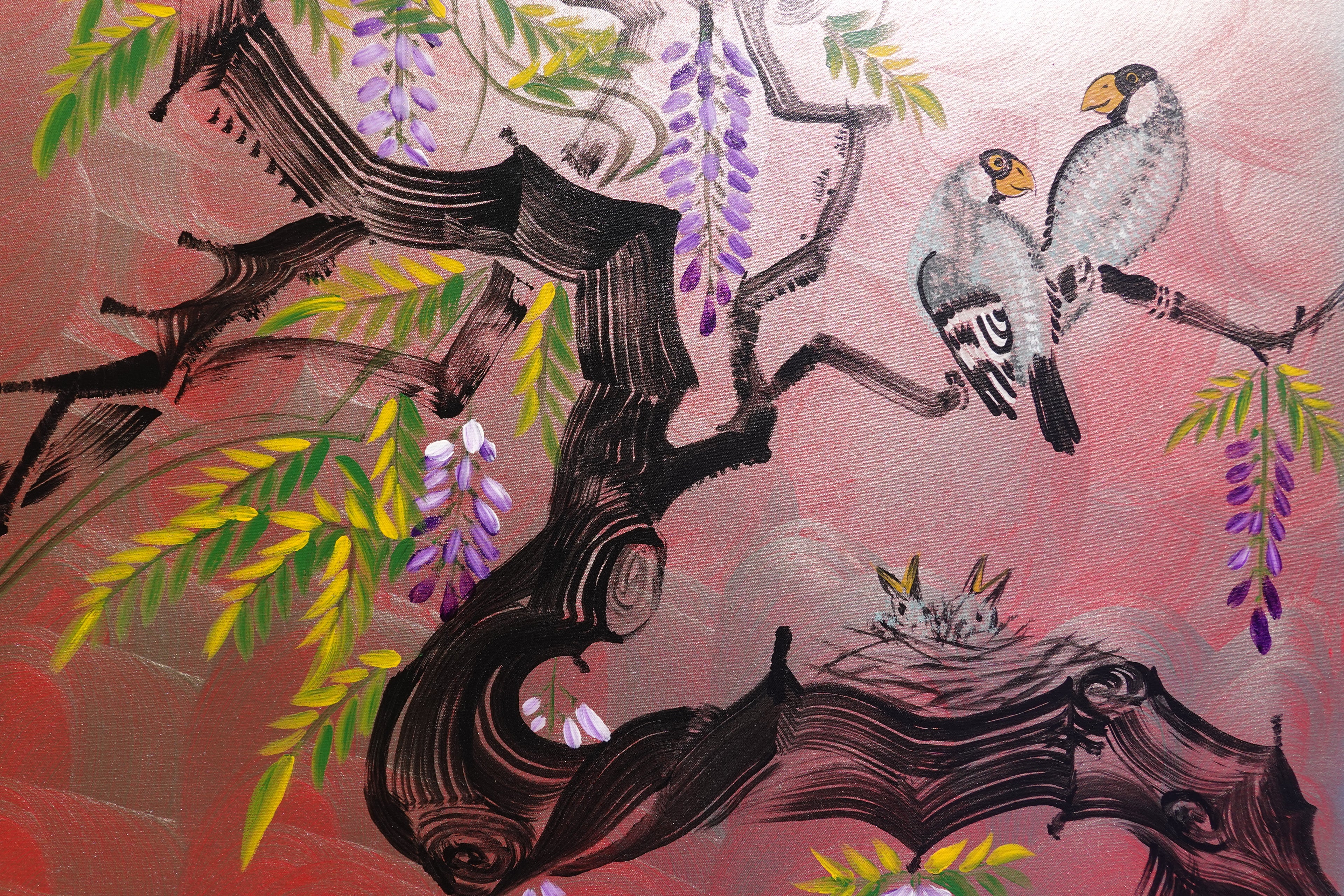 Love Birds family and wisteria J469 is a large-scale Japanese-inspired silver pink painting
Original Acrylic Painting on unstretched canvas by artist Ksavera.