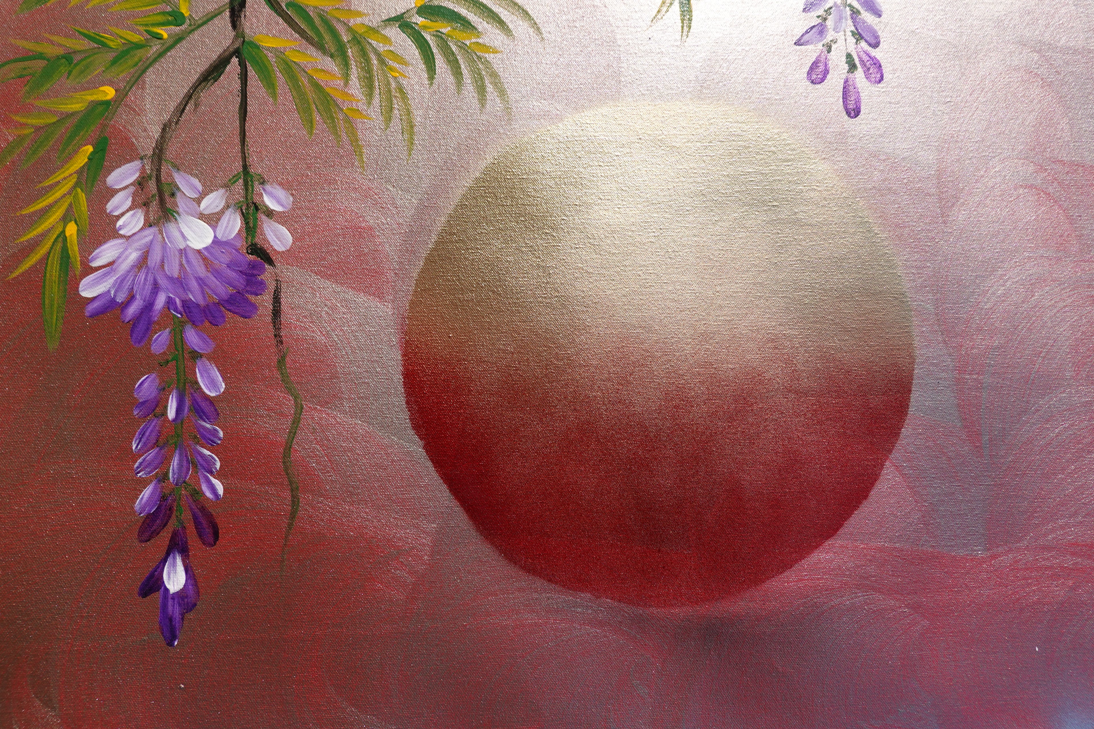 Love Birds family and wisteria J469 is a large-scale Japanese-inspired silver pink painting
Original Acrylic Painting on unstretched canvas by artist Ksavera.