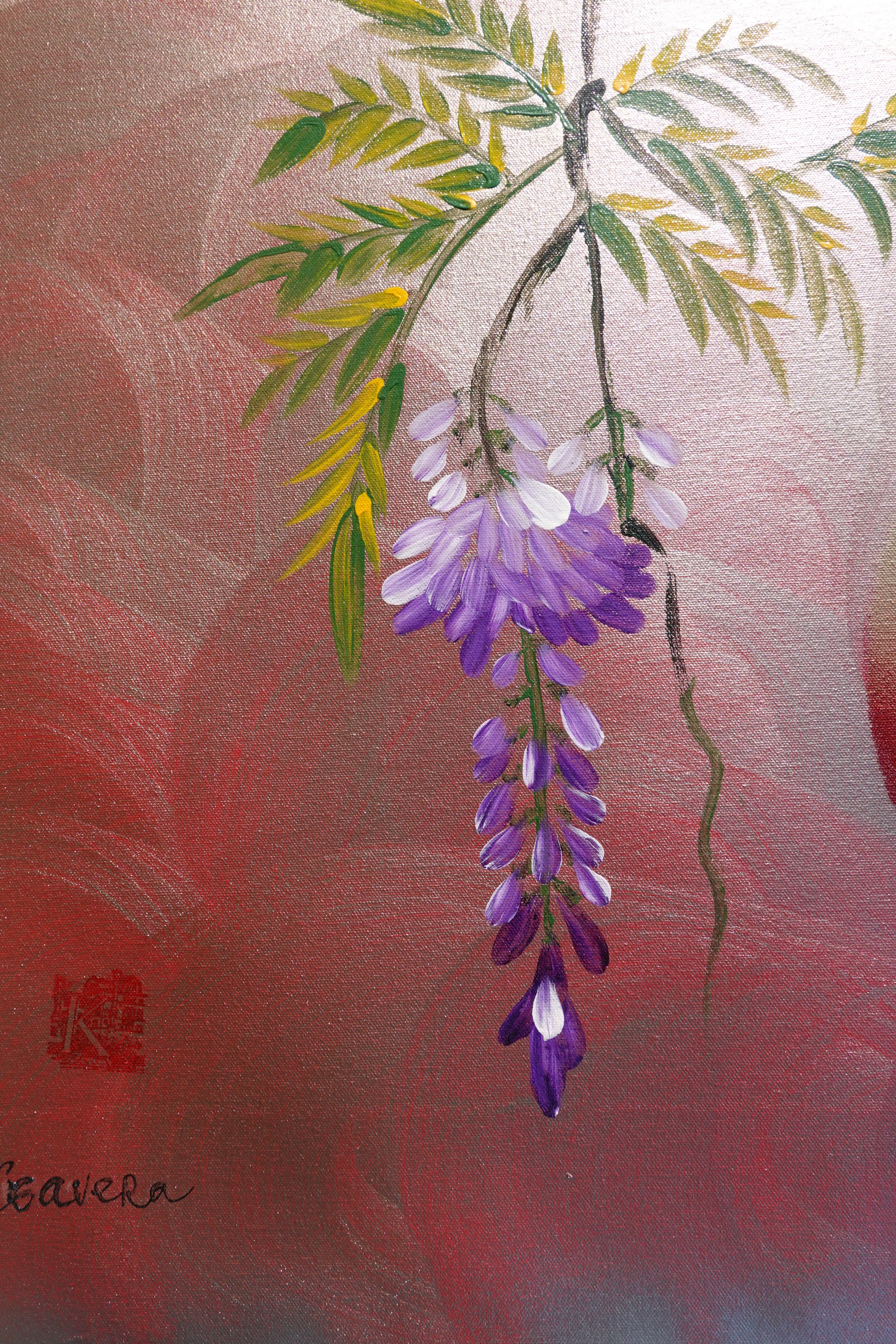 Love Birds family and wisteria J469 is a large-scale Japanese-inspired silver pink painting
Original Acrylic Painting on unstretched canvas by artist Ksavera.