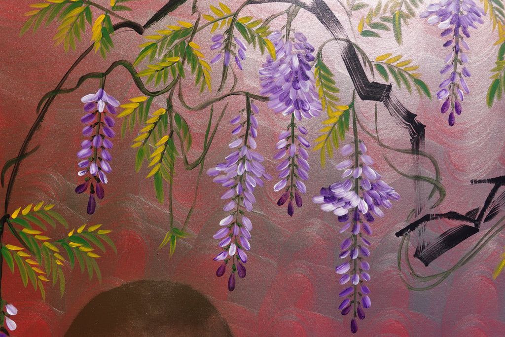 Love Birds family and wisteria J469 is a large-scale Japanese-inspired silver pink painting
Original Acrylic Painting on unstretched canvas by artist Ksavera.