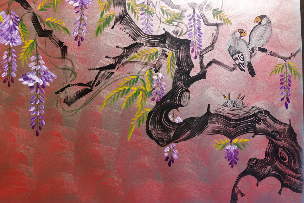 Love Birds family and wisteria J469 is a large-scale Japanese-inspired silver pink painting
Original Acrylic Painting on unstretched canvas by artist Ksavera.