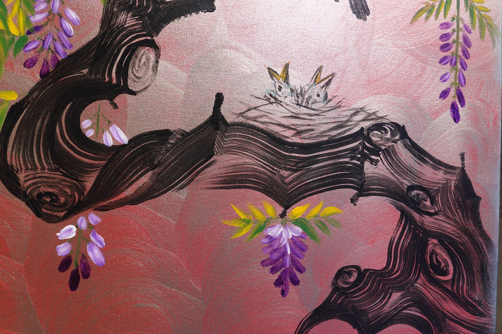 Love Birds family and wisteria J469 is a large-scale Japanese-inspired silver pink painting
Original Acrylic Painting on unstretched canvas by artist Ksavera.