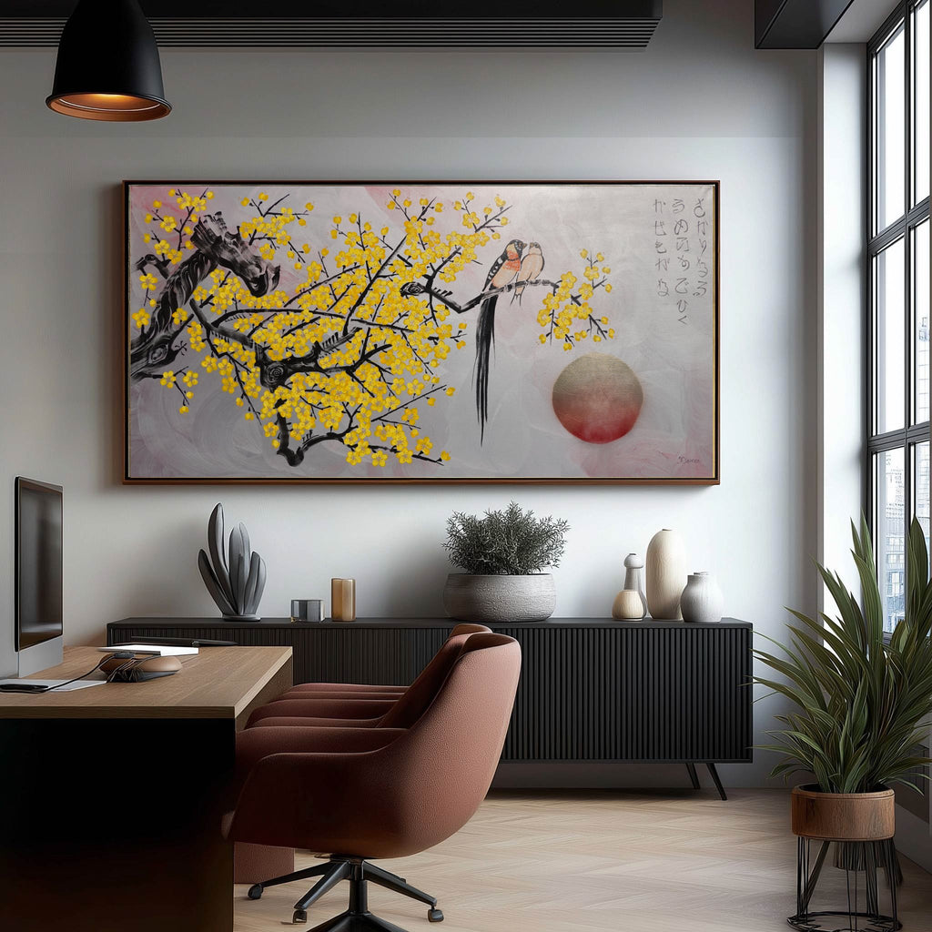 Liebesvögel und Sakura J472 — Silber | Japanische Malerei | Großes Acryl auf Leinwand | Ksavera
