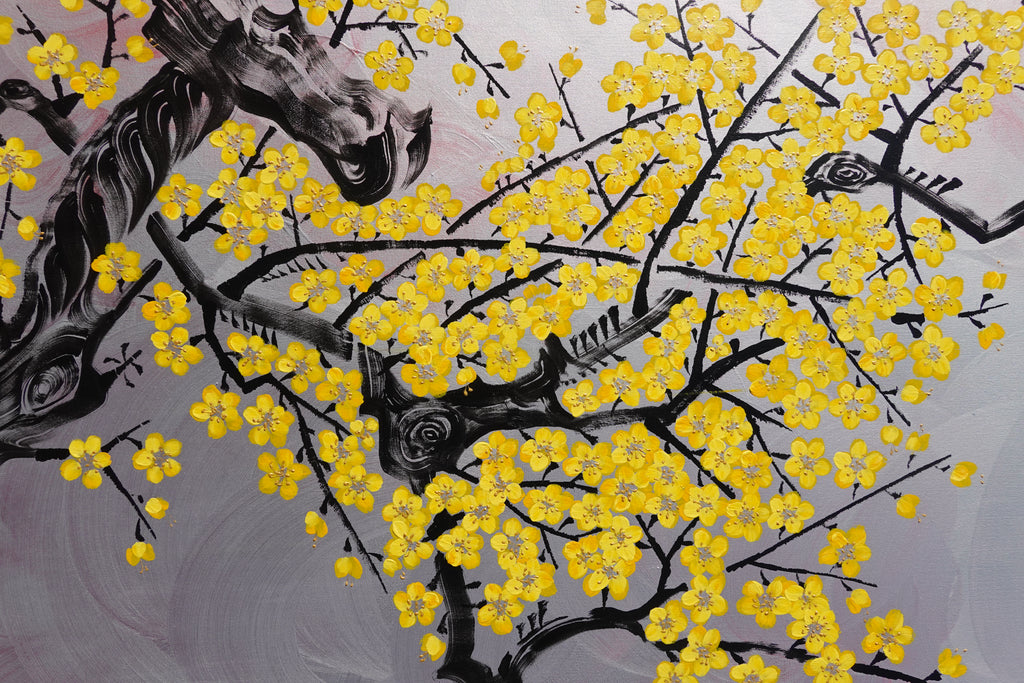 Liebesvögel und Sakura J472 — Silber | Japanische Malerei | Großes Acryl auf Leinwand | Ksavera