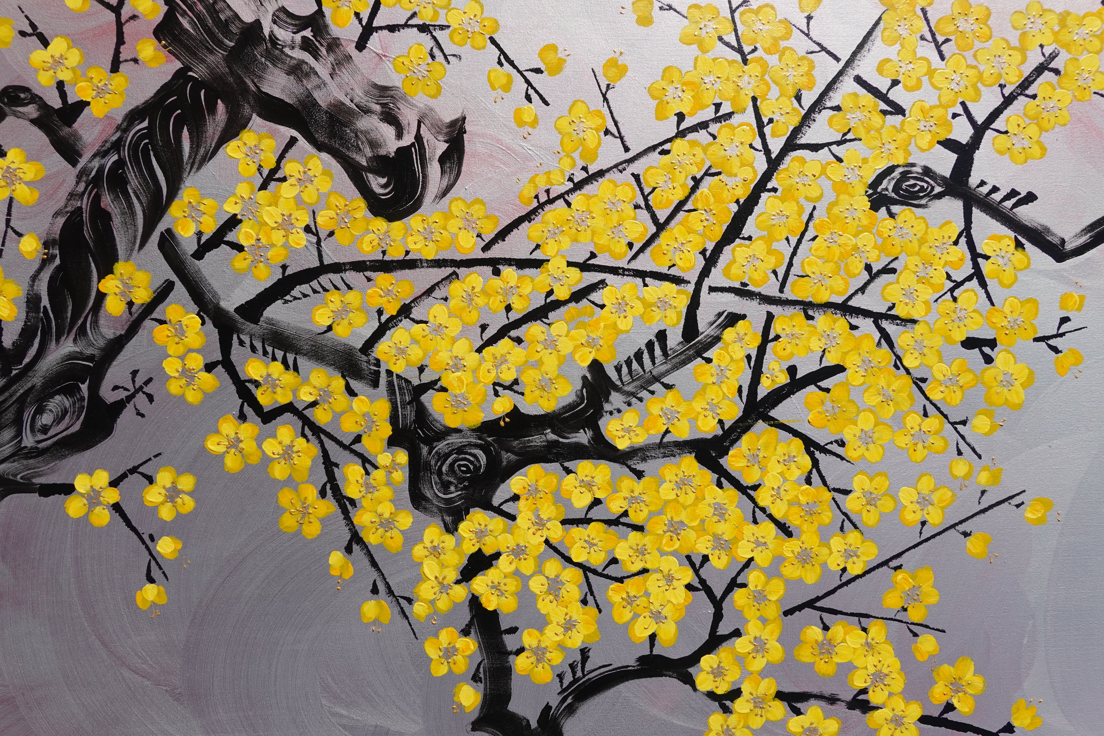 Liebesvögel und Sakura J472 — Silber | Japanische Malerei | Großes Acryl auf Leinwand | Ksavera