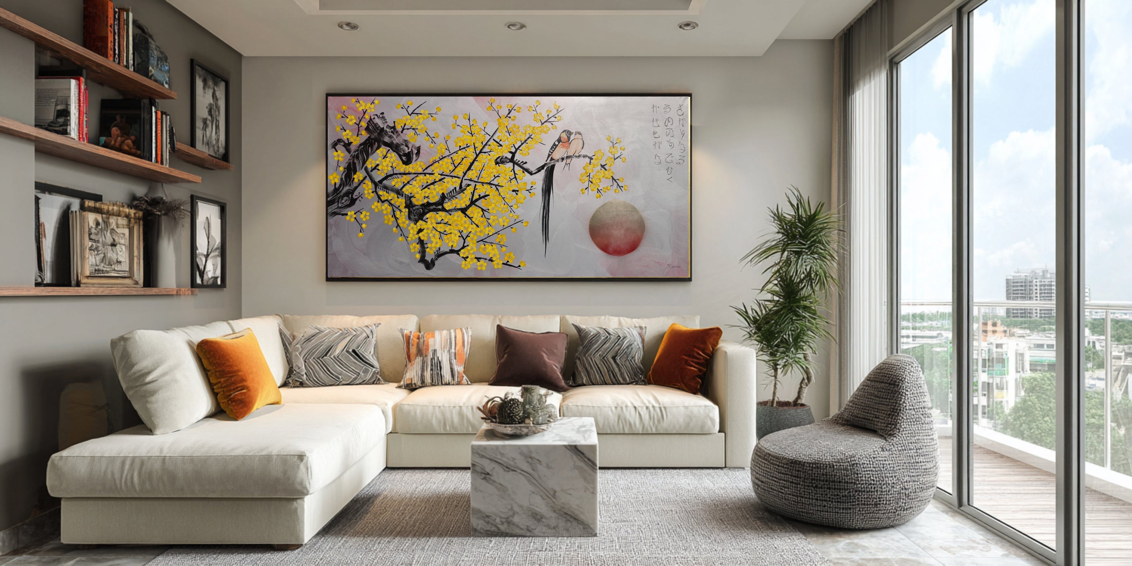Liebesvögel und Sakura J472 — Silber | Japanische Malerei | Großes Acryl auf Leinwand | Ksavera