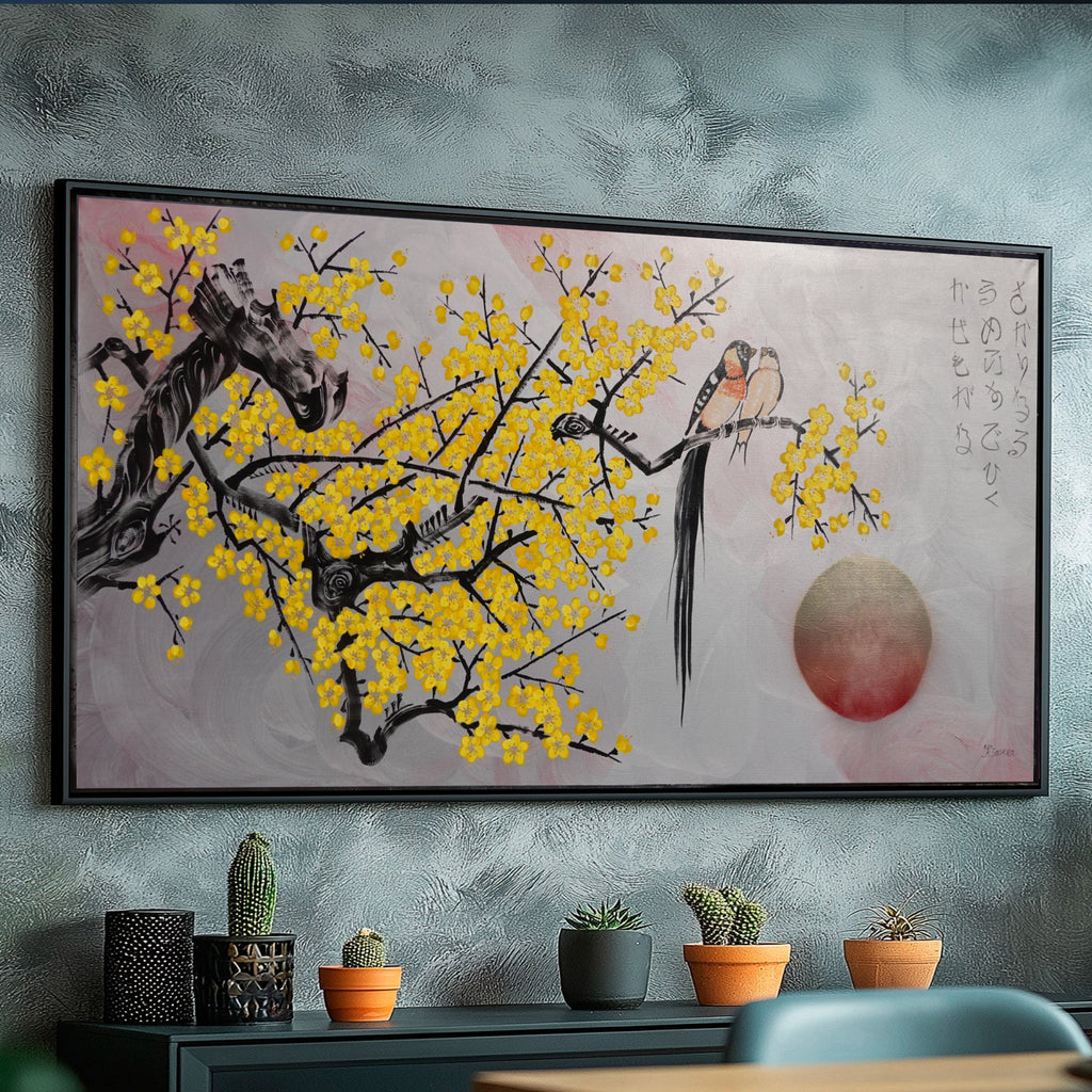 Liebesvögel und Sakura J472 — Silber | Japanische Malerei | Großes Acryl auf Leinwand | Ksavera