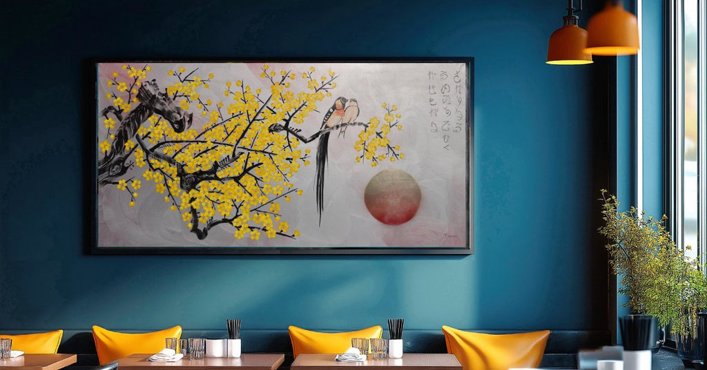 Liebesvögel und Sakura J472 — Silber | Japanische Malerei | Großes Acryl auf Leinwand | Ksavera