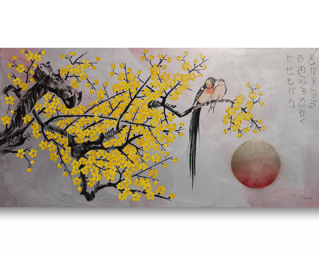 Liebesvögel und Sakura J472 — Silber | Japanische Malerei | Großes Acryl auf Leinwand | Ksavera