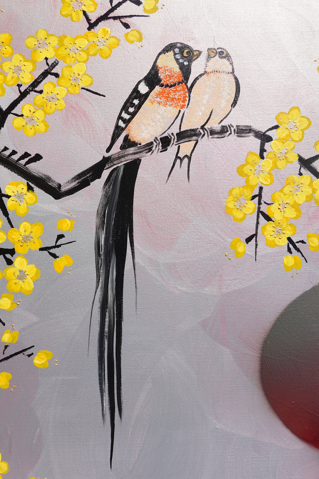 Liebesvögel und Sakura J472 — Silber | Japanische Malerei | Großes Acryl auf Leinwand | Ksavera