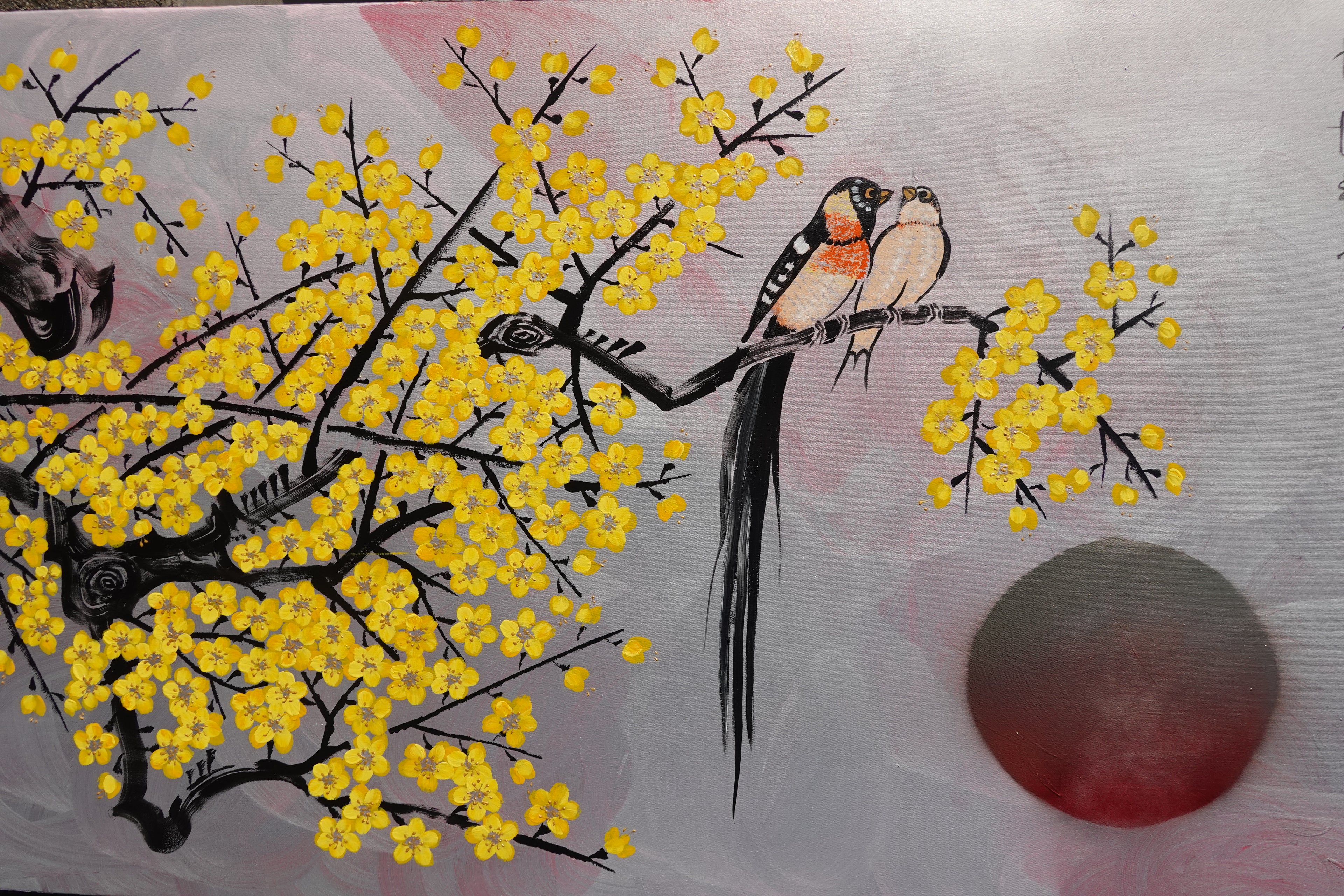 Liebesvögel und Sakura J472 — Silber | Japanische Malerei | Großes Acryl auf Leinwand | Ksavera