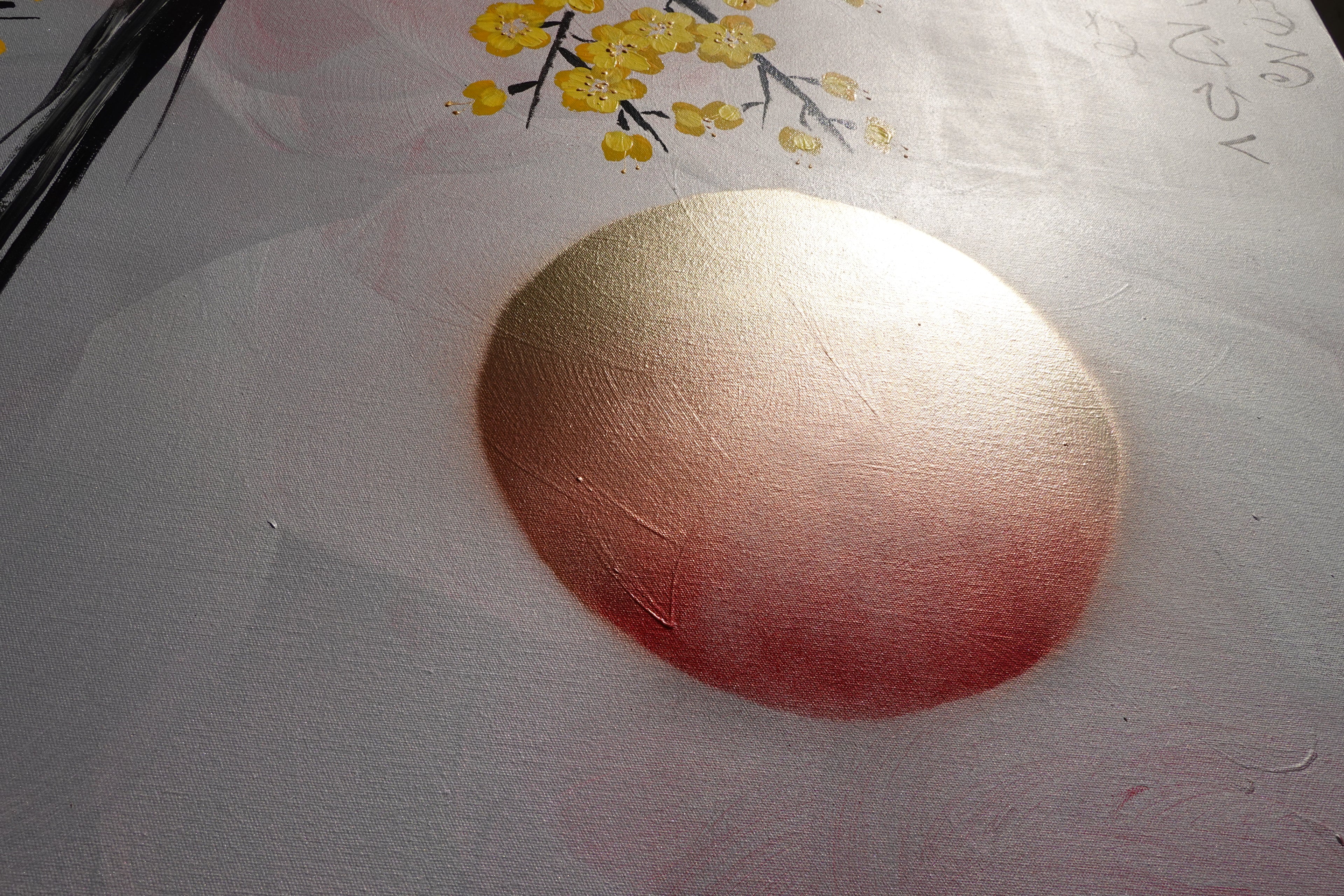 Liebesvögel und Sakura J472 — Silber | Japanische Malerei | Großes Acryl auf Leinwand | Ksavera