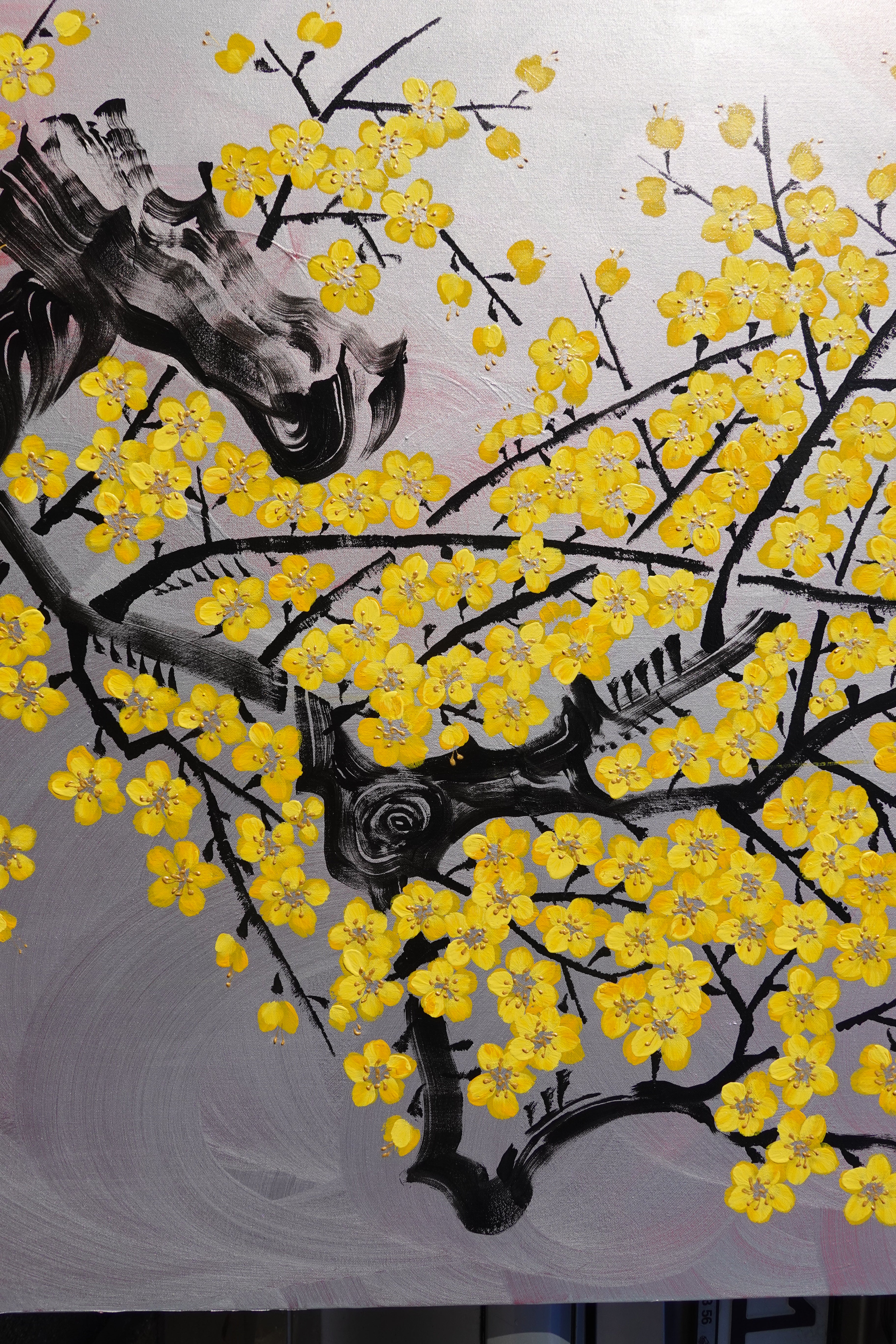 Liebesvögel und Sakura J472 — Silber | Japanische Malerei | Großes Acryl auf Leinwand | Ksavera