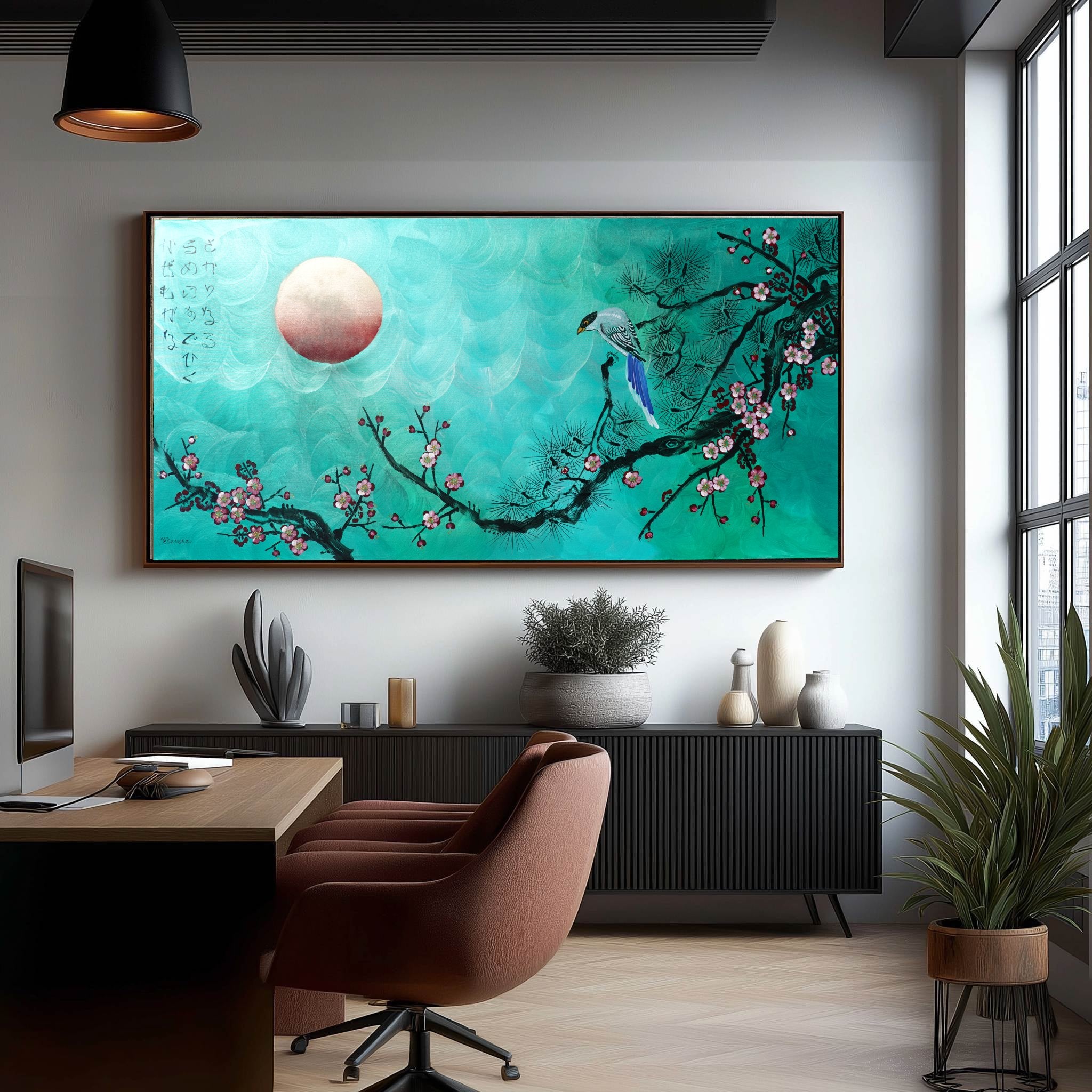 Bird and Sakura J473 is a large-scale Japanese-inspired emerald pearlescent horizontal Original Acrylic Painting on unstretched canvas by artist Ksavera.