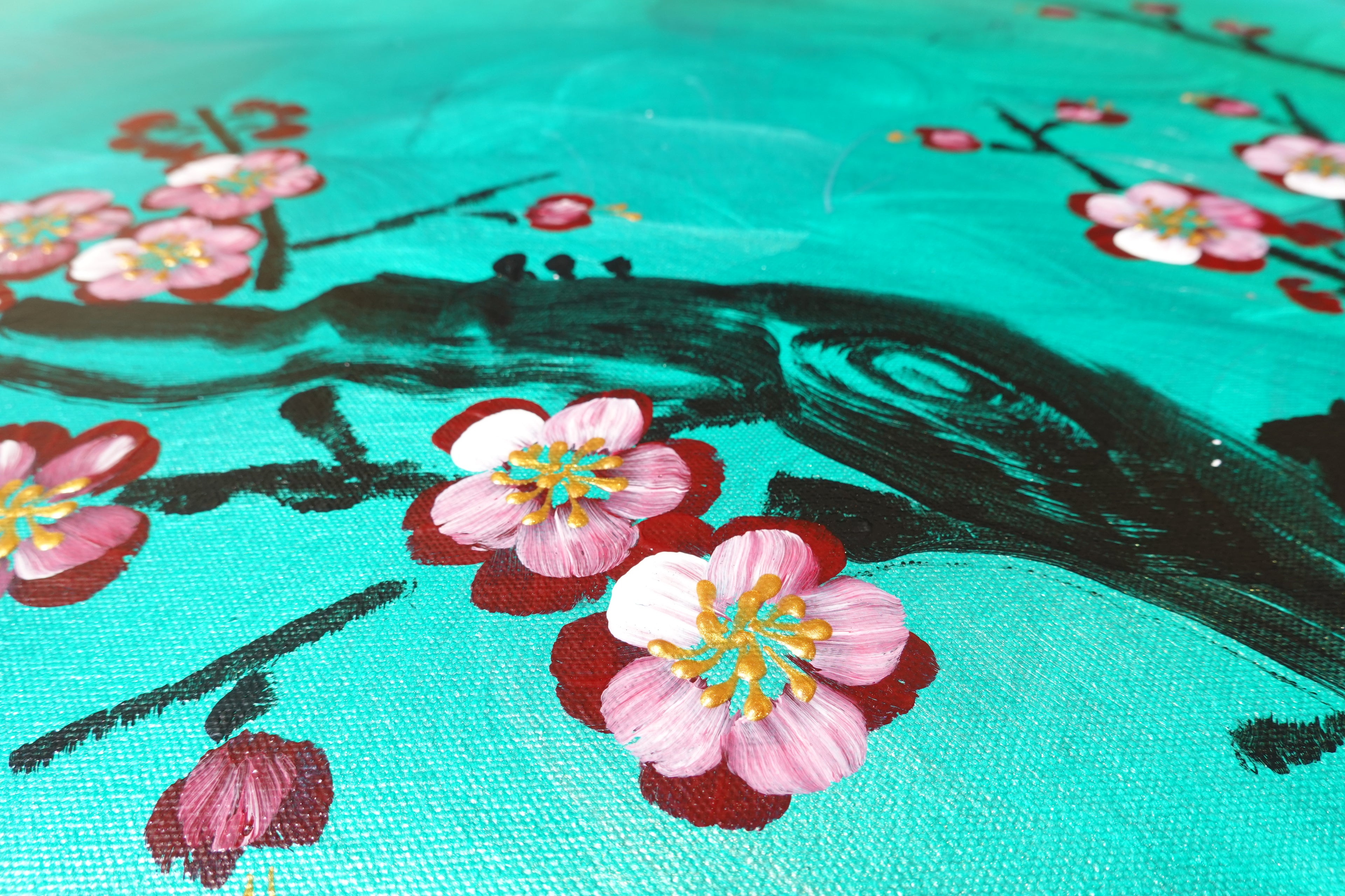 Bird and Sakura J473 is a large-scale Japanese-inspired emerald pearlescent horizontal Original Acrylic Painting on unstretched canvas by artist Ksavera.