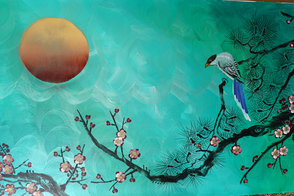 Bird and Sakura J473 is a large-scale Japanese-inspired emerald pearlescent horizontal Original Acrylic Painting on unstretched canvas by artist Ksavera.