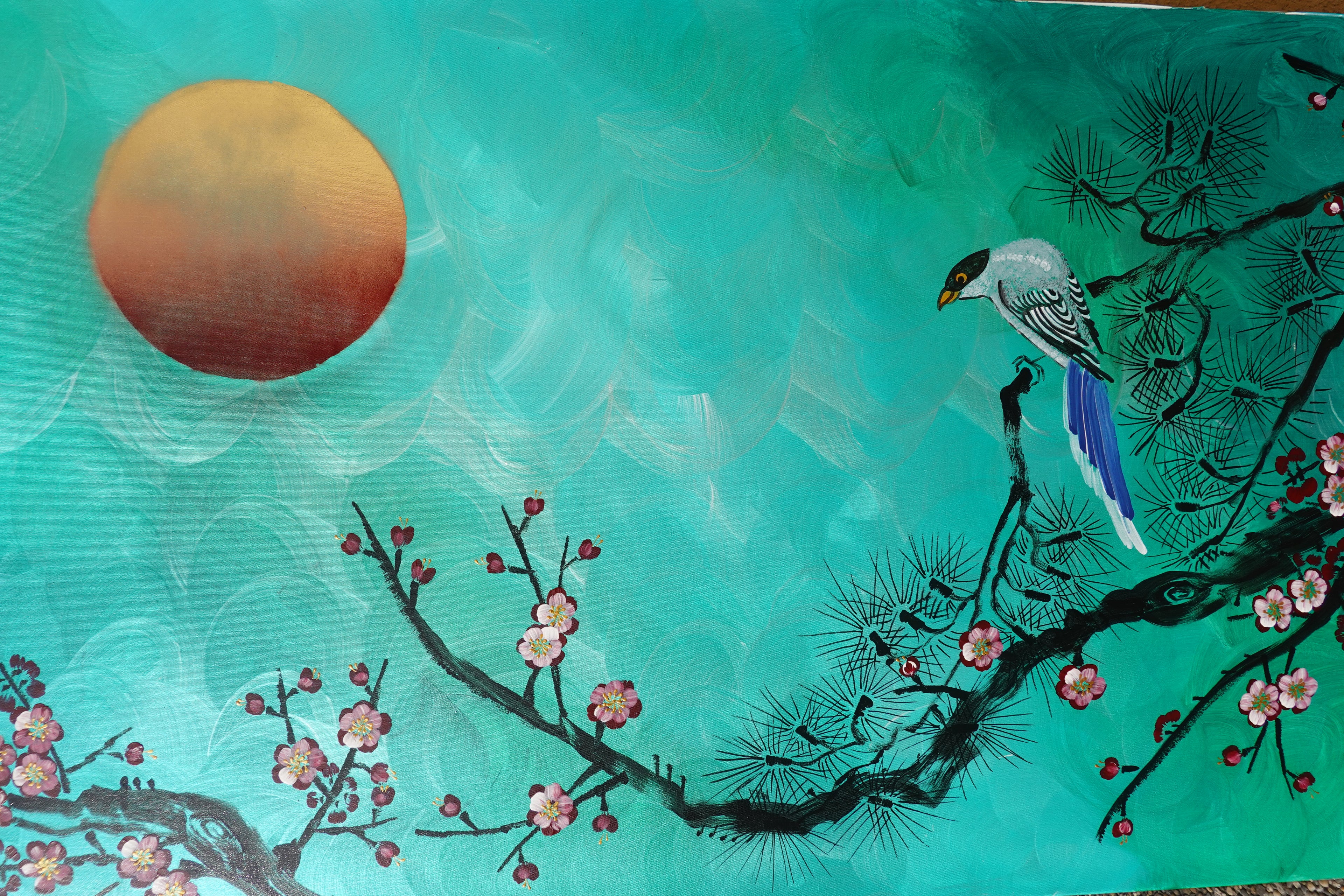 Bird and Sakura J473 is a large-scale Japanese-inspired emerald pearlescent horizontal Original Acrylic Painting on unstretched canvas by artist Ksavera.