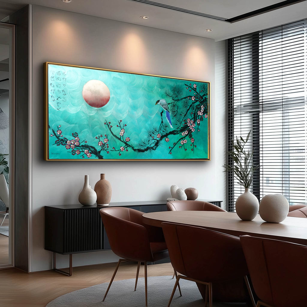 Bird and Sakura J473 is a large-scale Japanese-inspired emerald pearlescent horizontal Original Acrylic Painting on unstretched canvas by artist Ksavera.