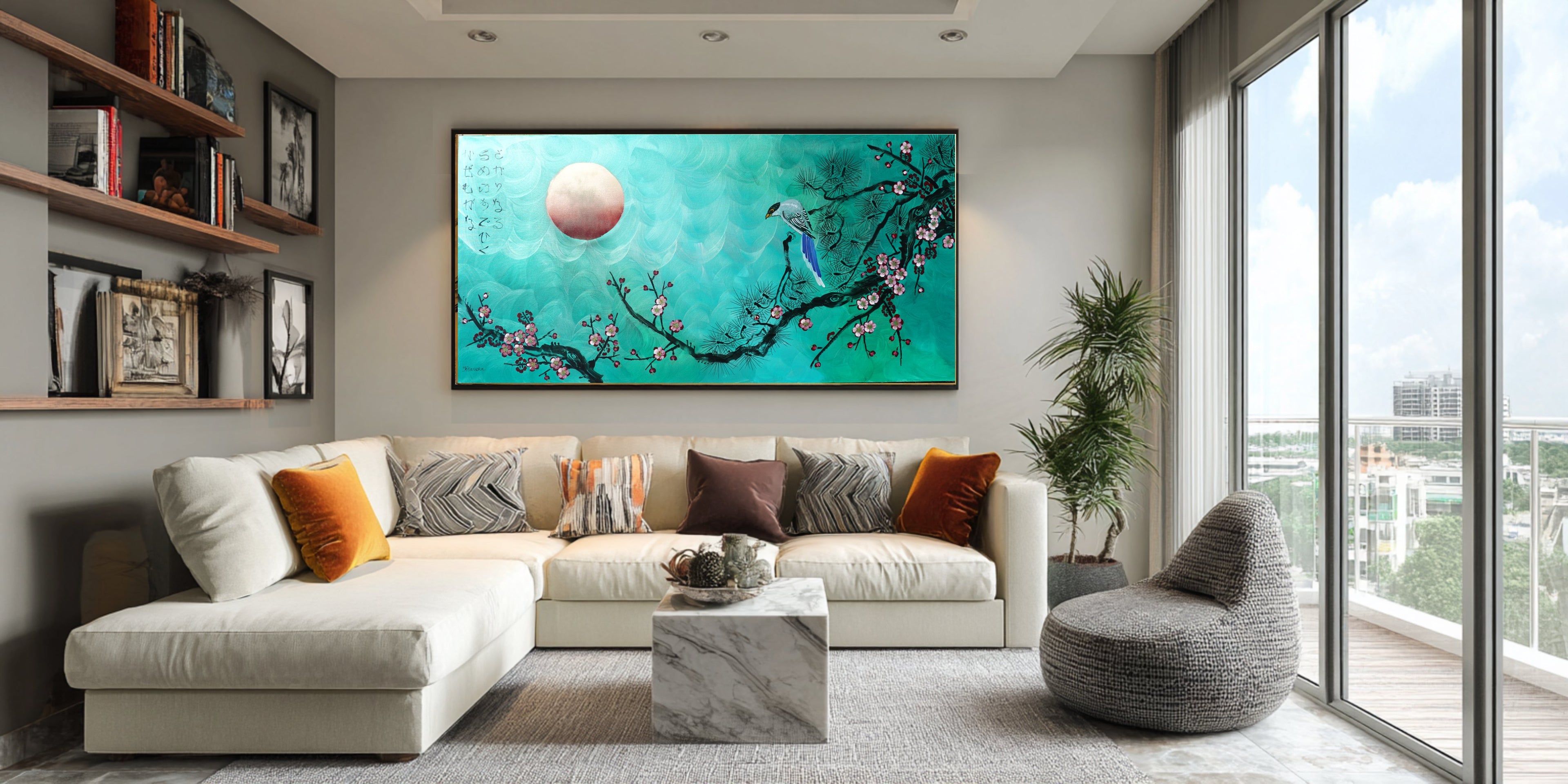 Bird and Sakura J473 is a large-scale Japanese-inspired emerald pearlescent horizontal Original Acrylic Painting on unstretched canvas by artist Ksavera.