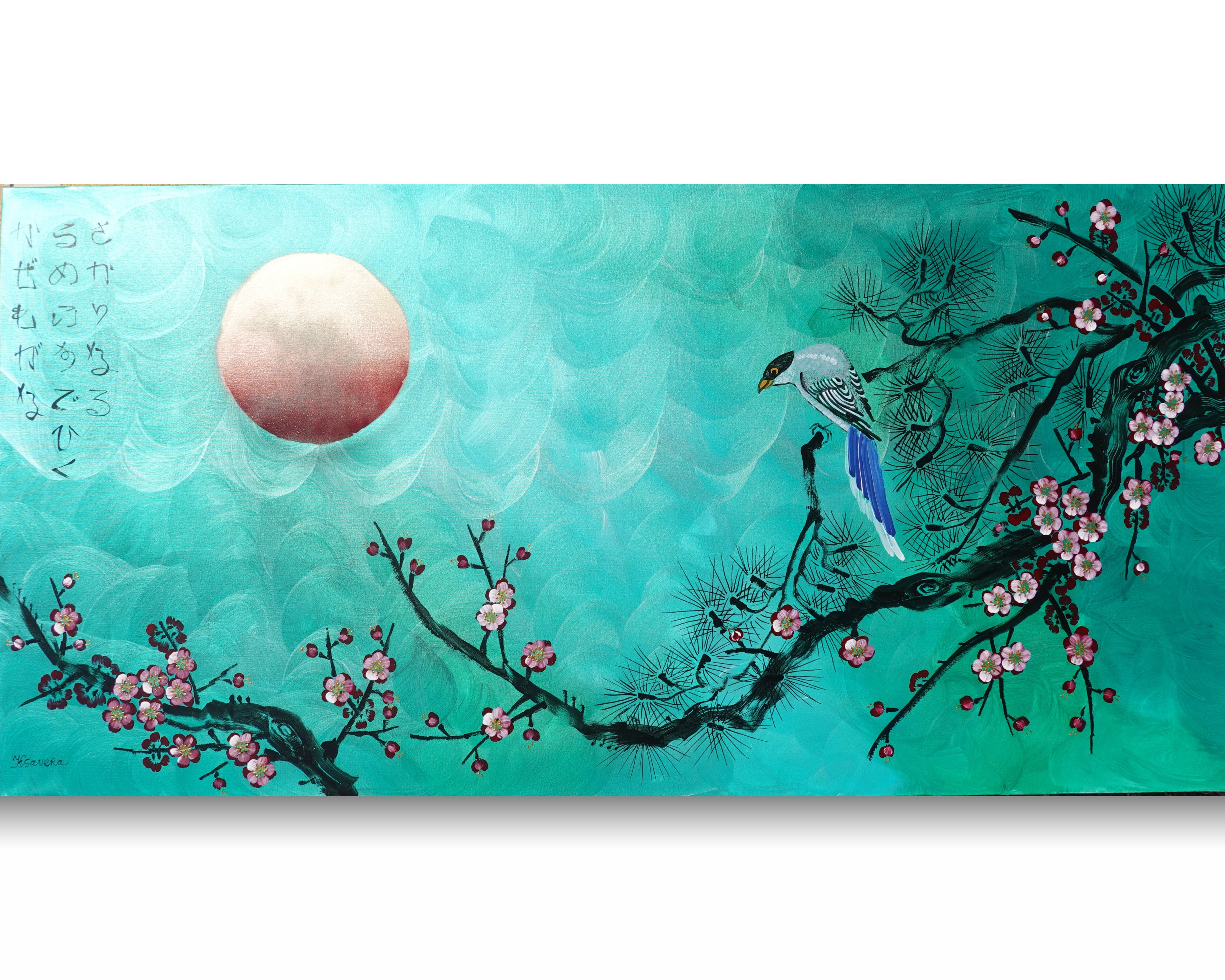 Bird and Sakura J473 is a large-scale Japanese-inspired emerald pearlescent horizontal Original Acrylic Painting on unstretched canvas by artist Ksavera.