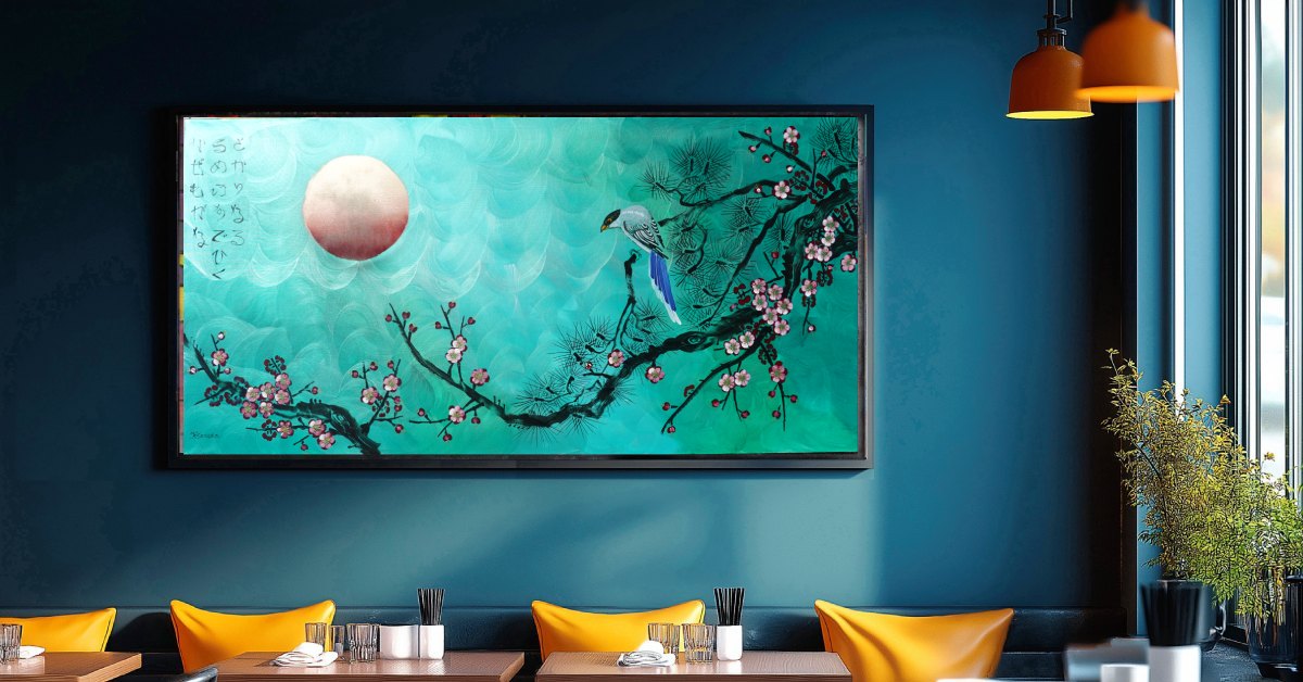 Bird and Sakura J473 is a large-scale Japanese-inspired emerald pearlescent horizontal Original Acrylic Painting on unstretched canvas by artist Ksavera.