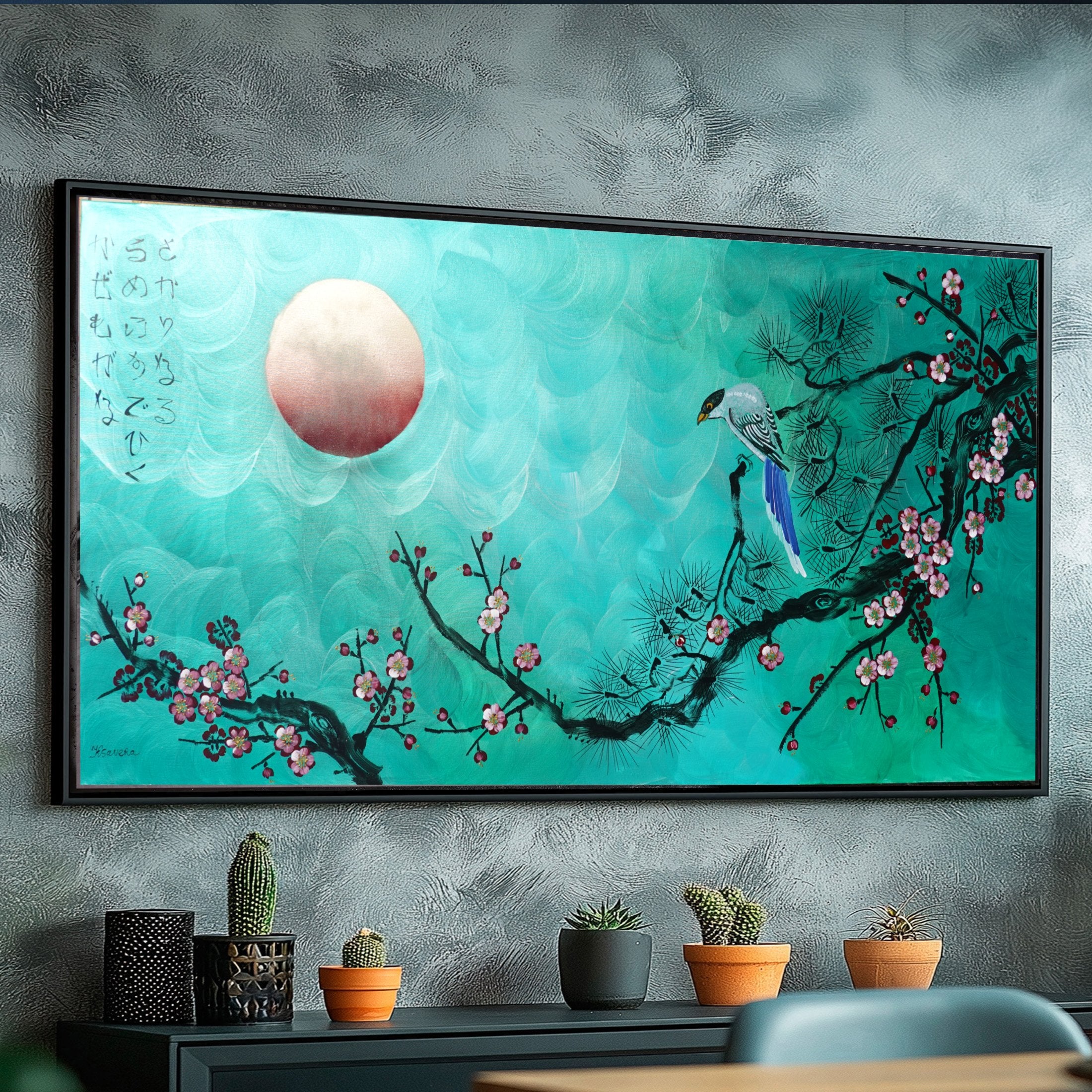Bird and Sakura J473 is a large-scale Japanese-inspired emerald pearlescent horizontal Original Acrylic Painting on unstretched canvas by artist Ksavera.