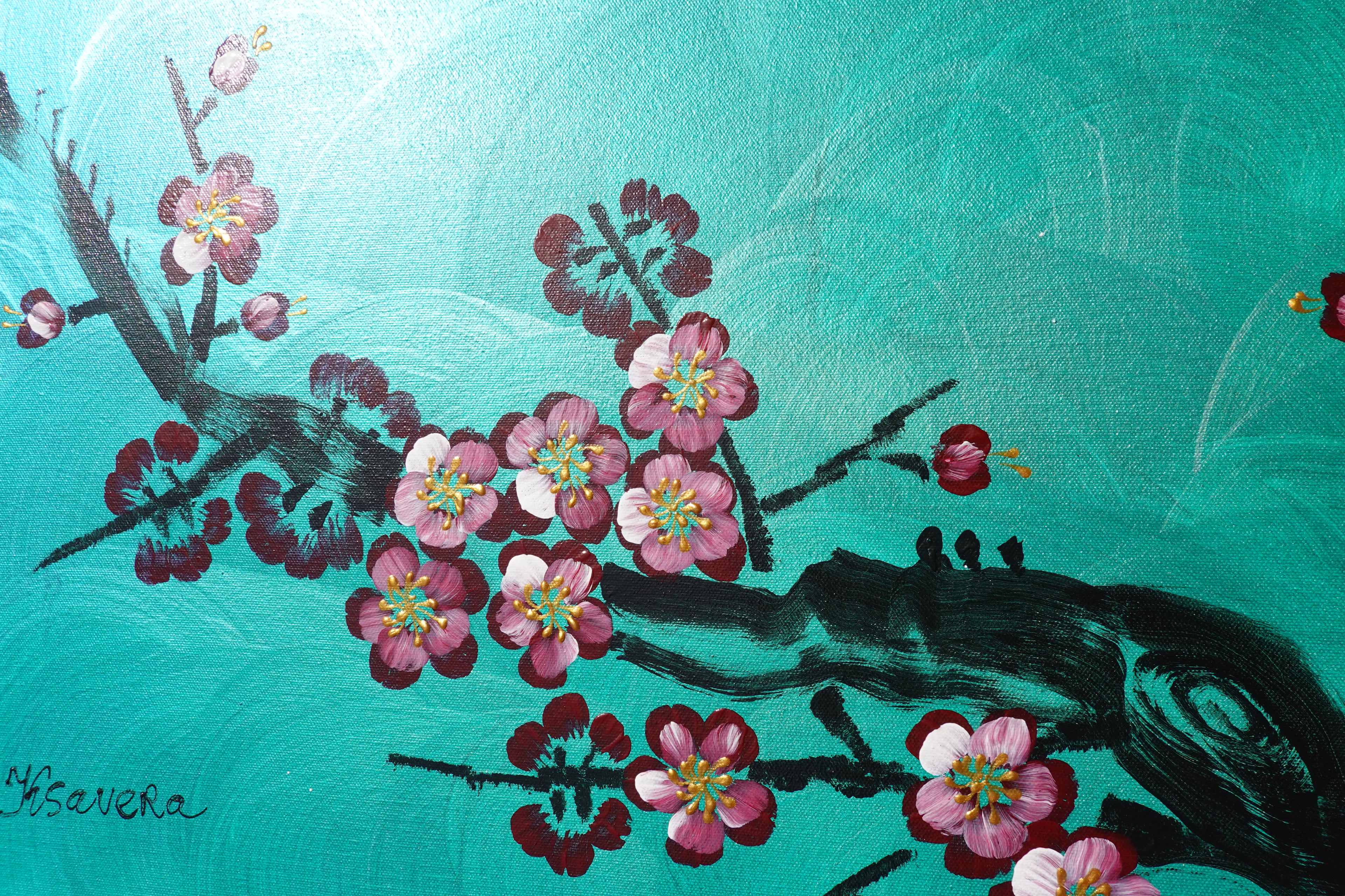 Bird and Sakura J473 is a large-scale Japanese-inspired emerald pearlescent horizontal Original Acrylic Painting on unstretched canvas by artist Ksavera.
