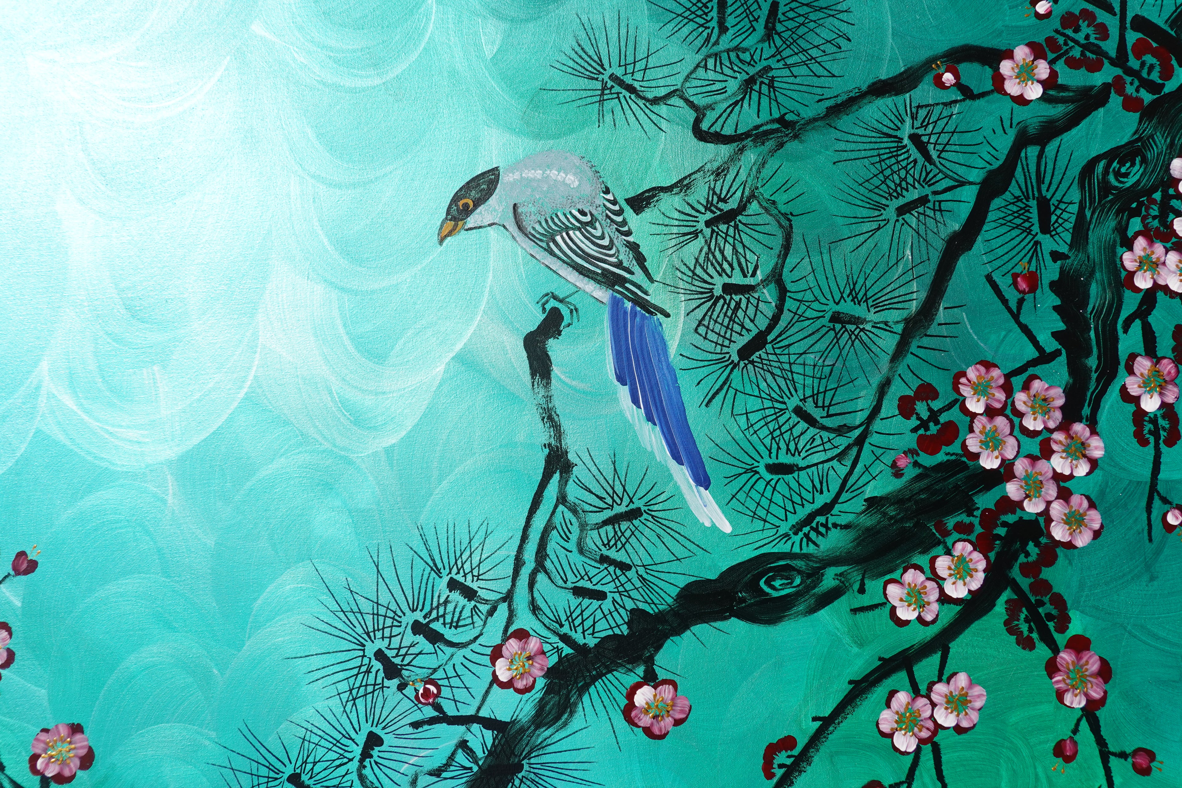 Bird and Sakura J473 is a large-scale Japanese-inspired emerald pearlescent horizontal Original Acrylic Painting on unstretched canvas by artist Ksavera.