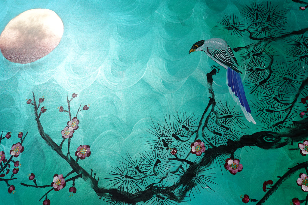 Bird and Sakura J473 is a large-scale Japanese-inspired emerald pearlescent horizontal Original Acrylic Painting on unstretched canvas by artist Ksavera.