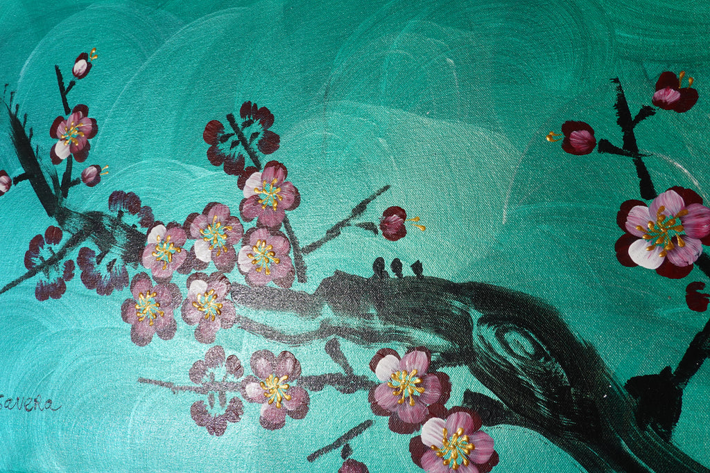 Bird and Sakura J473 is a large-scale Japanese-inspired emerald pearlescent horizontal Original Acrylic Painting on unstretched canvas by artist Ksavera.