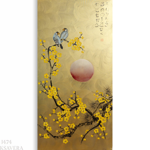 The image is a painting featuring a couple of birds perched on a branch with yellow flowers, and a large red sun in the background.
