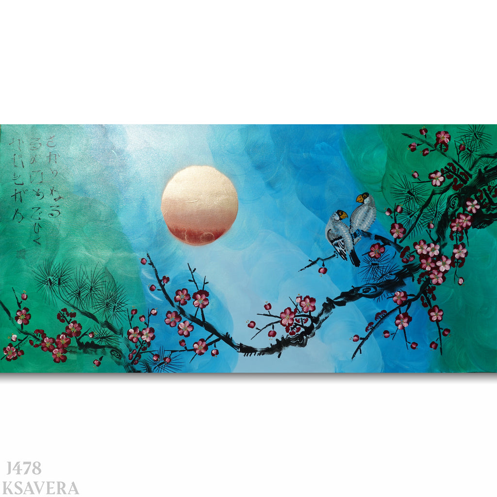 A painting depicting a night scene with a large moon, two birds perched on branches, and pink flowers.
