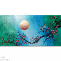 A painting depicting a night scene with a large moon, two birds perched on branches, and pink flowers.