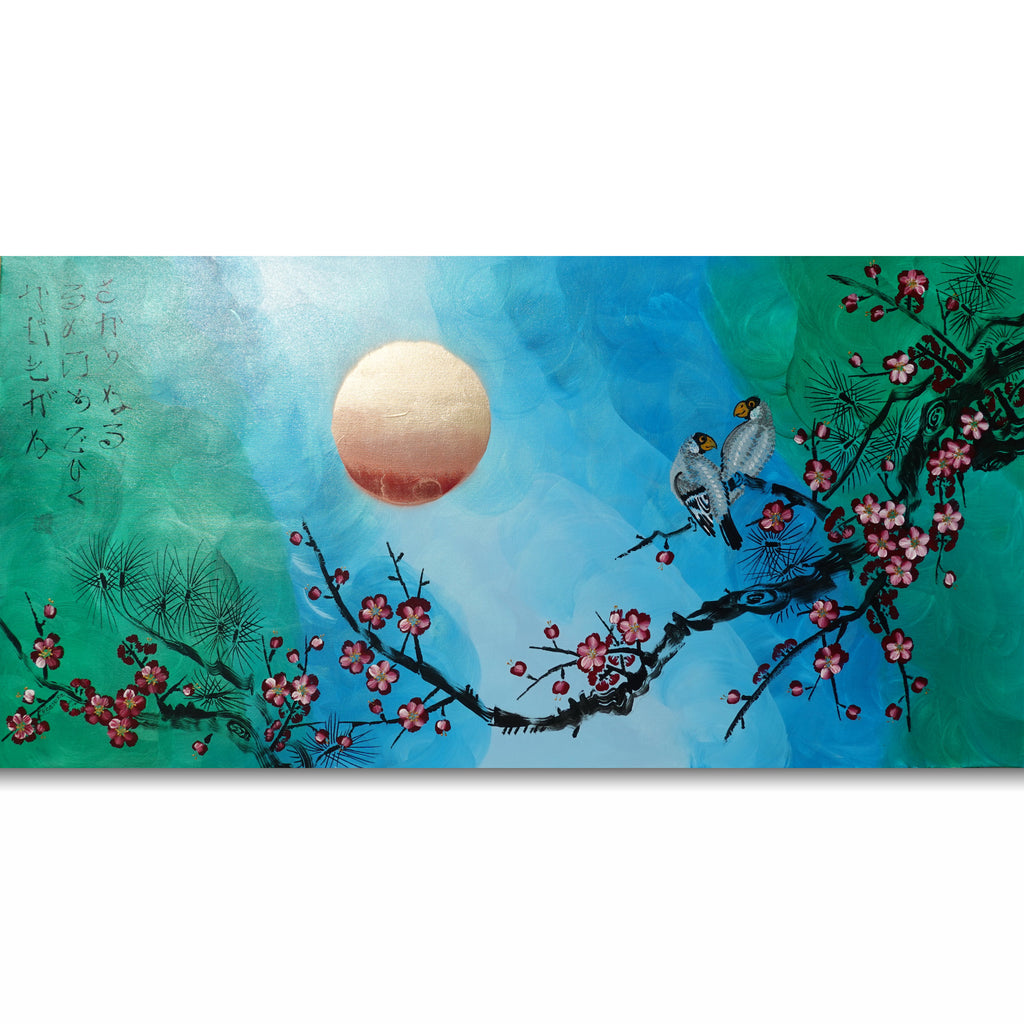 A painting depicting a night scene with a large moon, two birds perched on branches, and pink flowers.