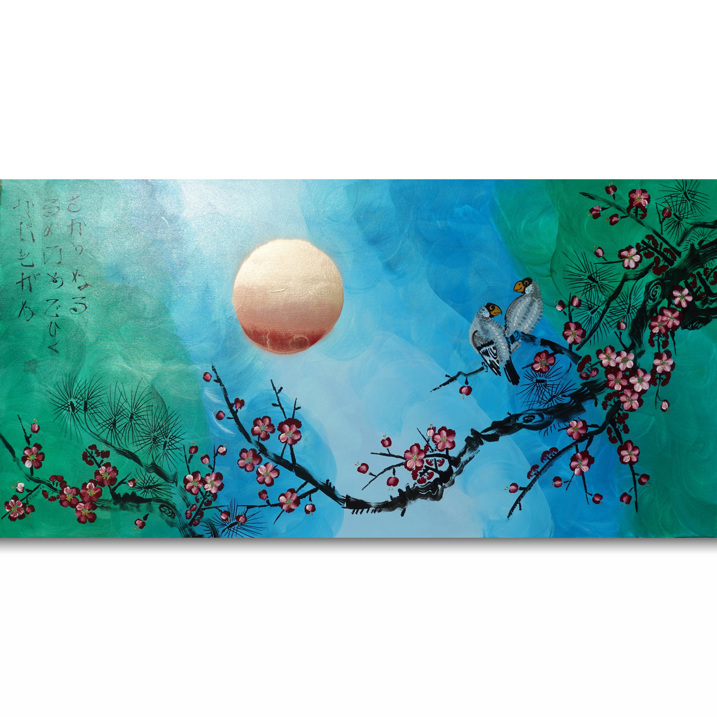 A painting depicting a night scene with a large moon, two birds perched on branches, and pink flowers.