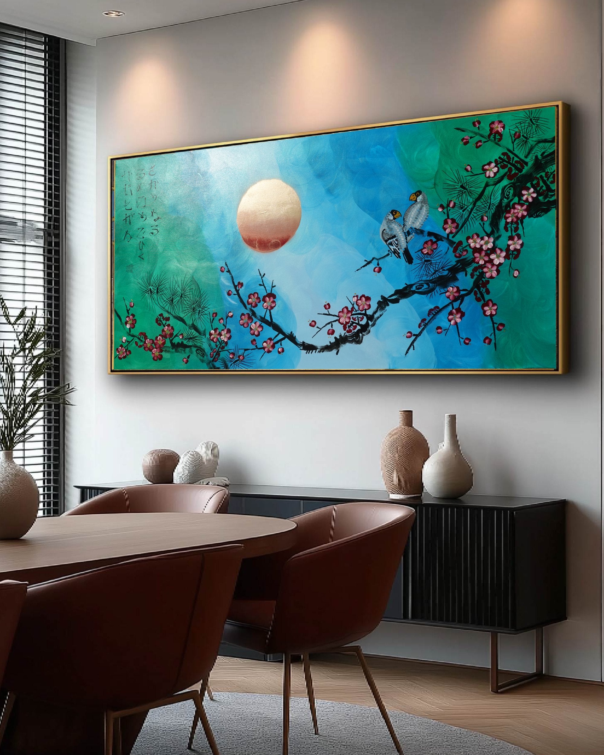 Love Birds and Sakura J478 — pearlescent green | Japanese Painting | Large Acrylic on Canvas | Ksavera