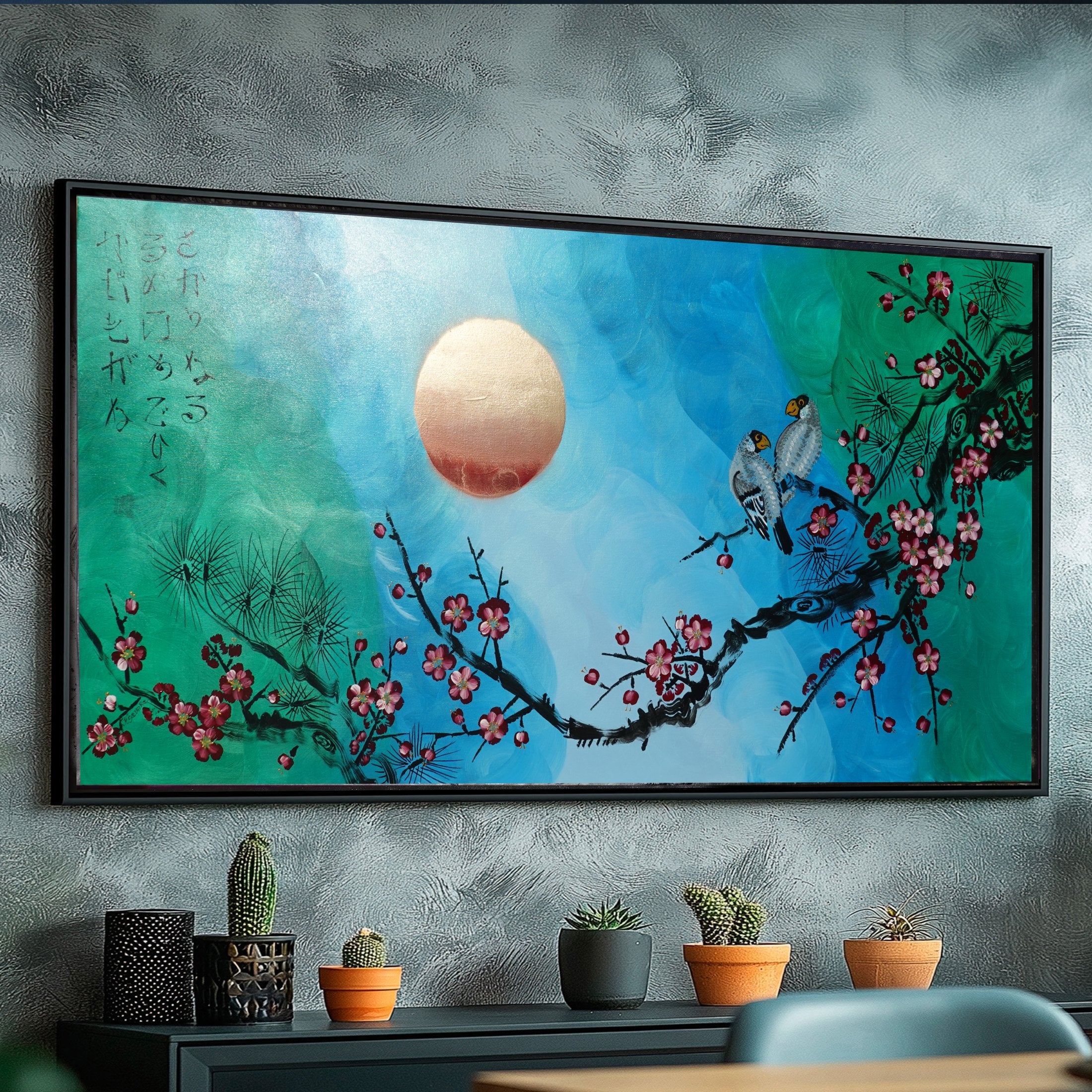 Love Birds and Sakura J478 — pearlescent green | Japanese Painting | Large Acrylic on Canvas | Ksavera