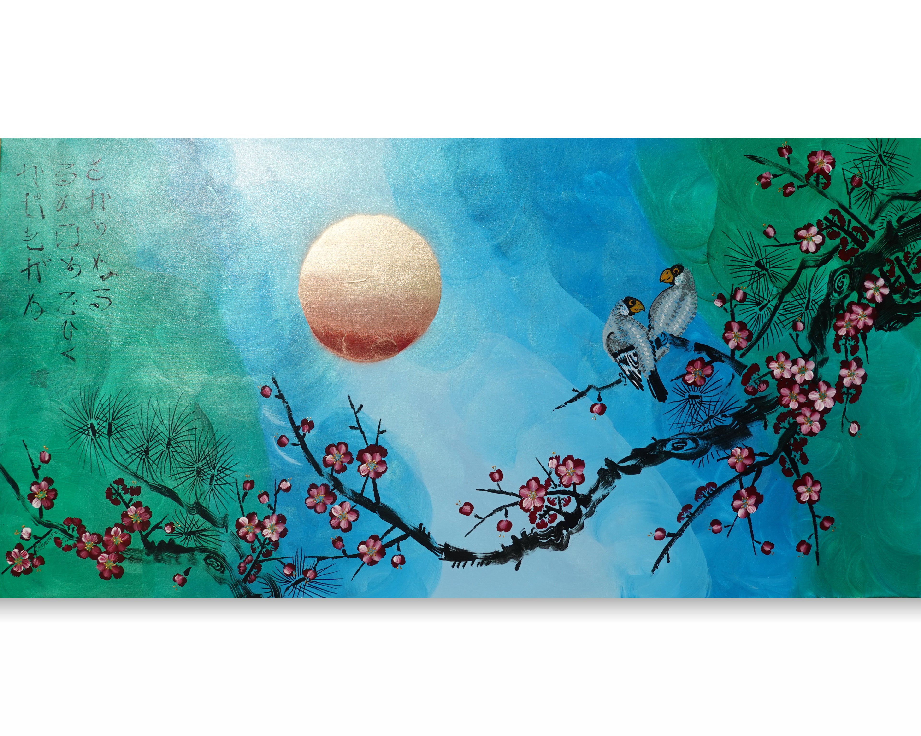 Love Birds and Sakura J478 — pearlescent green | Japanese Painting | Large Acrylic on Canvas | Ksavera