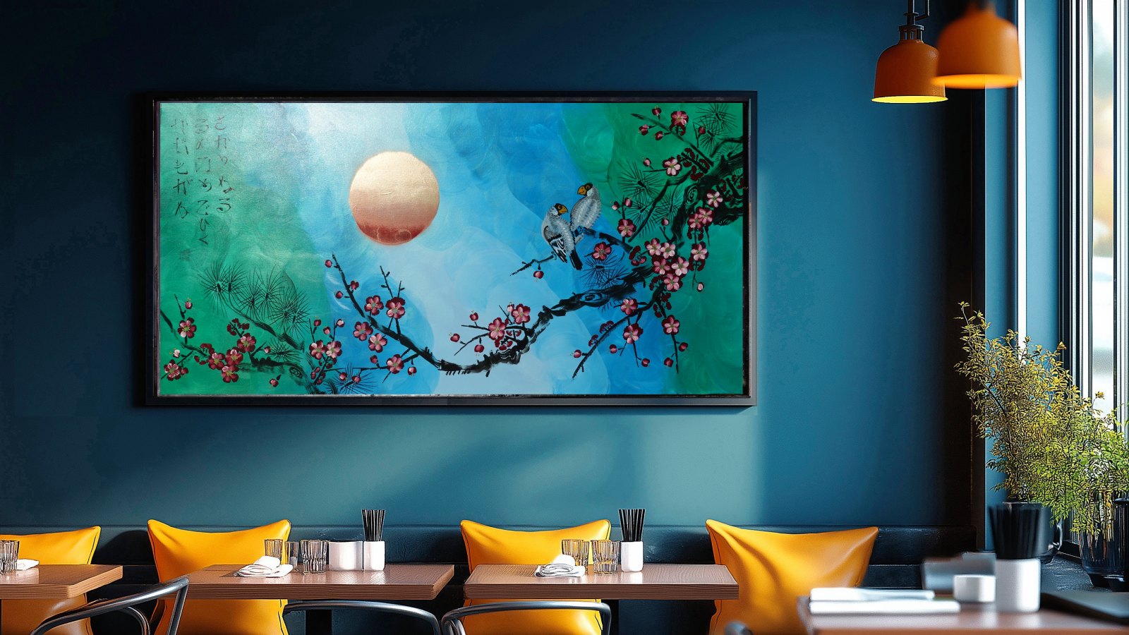 Love Birds and Sakura J478 — pearlescent green | Japanese Painting | Large Acrylic on Canvas | Ksavera